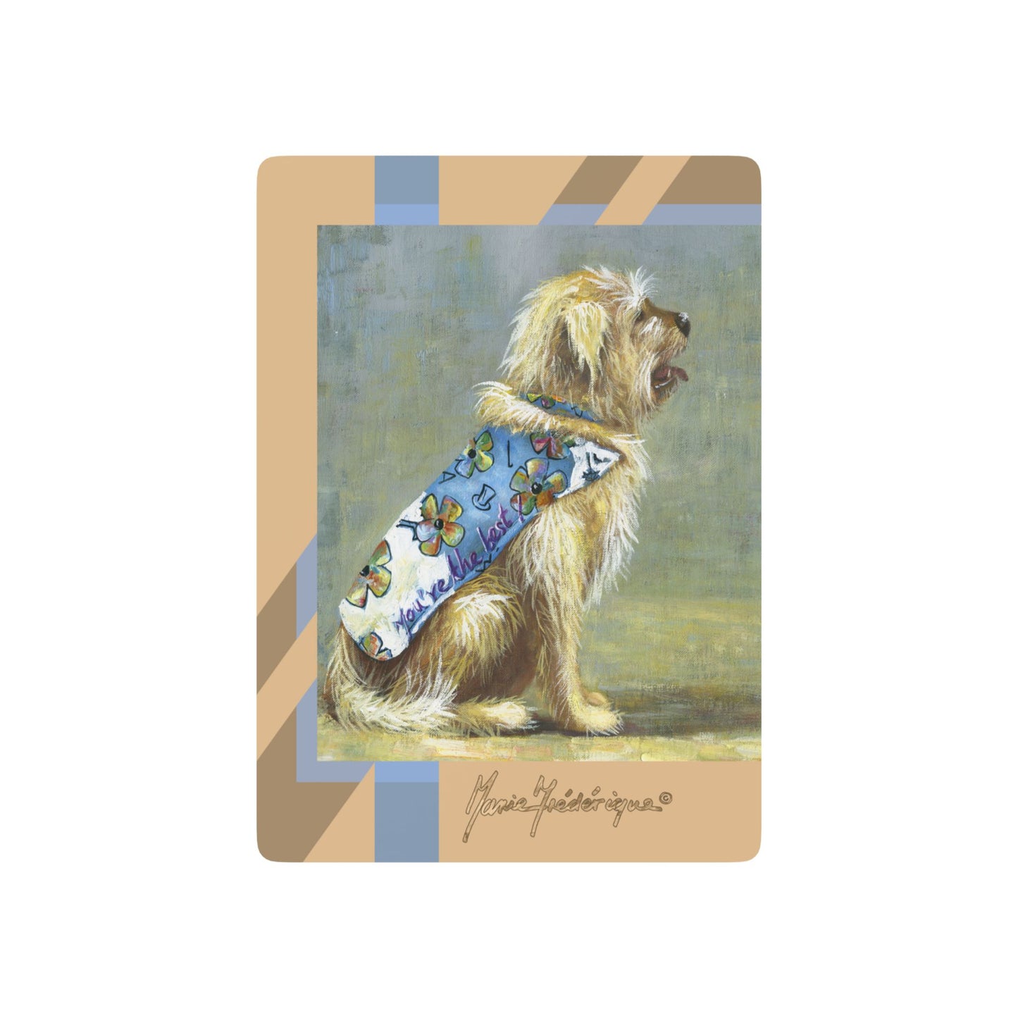 Playing Cards - Fun Oil Painting of a Man's Best Friend in Blue Floral Dog Coat by artist Marie Frederique