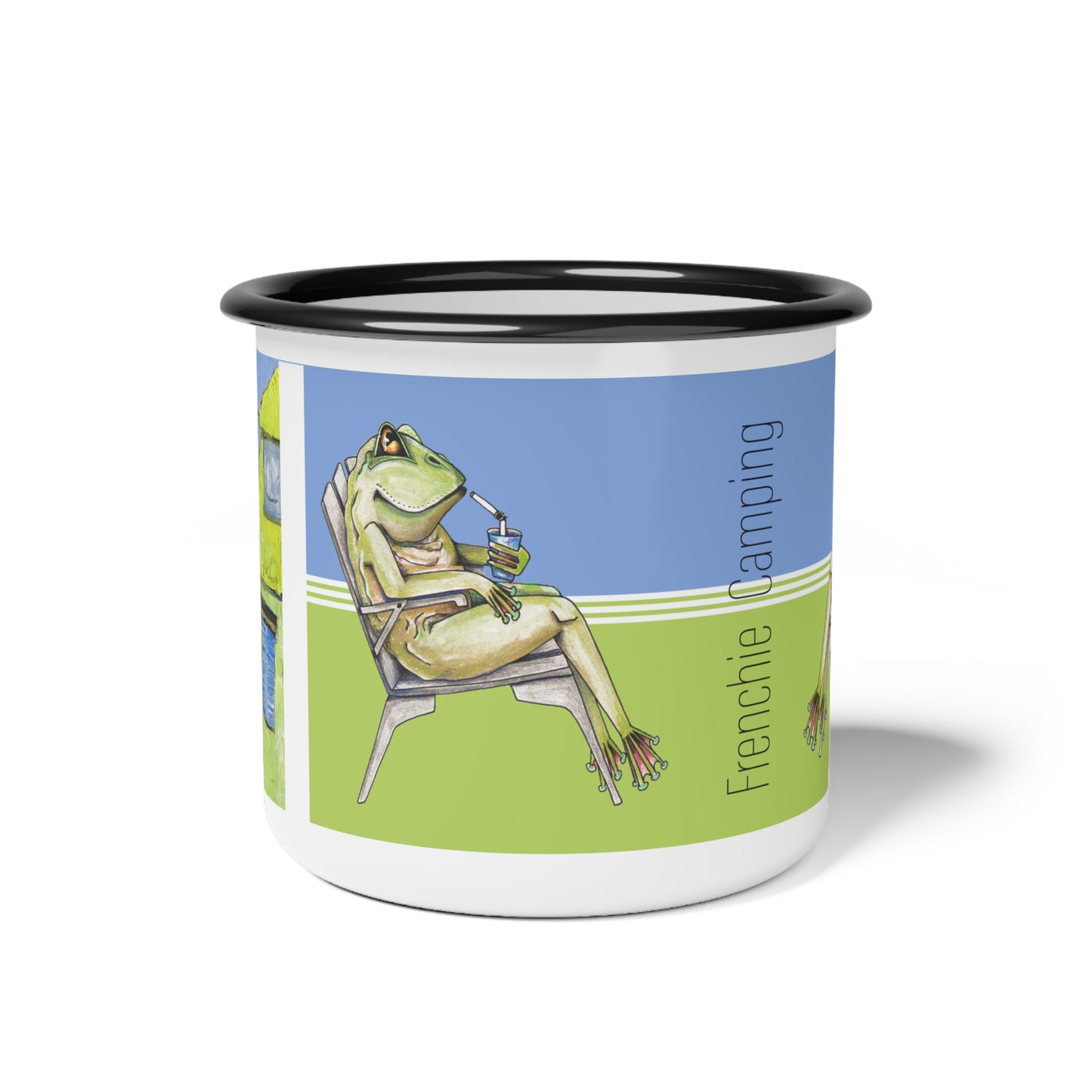 Frenchie Frog goes Camping - Enamel Mug by artist Marie Frederique