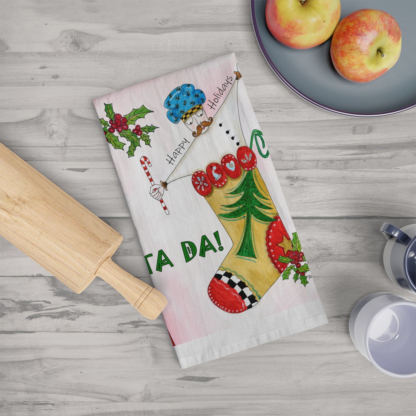 Christmas Tea Towel, TA DA! Whimsical chef jumping out of stocking - by artist Marie Frederique