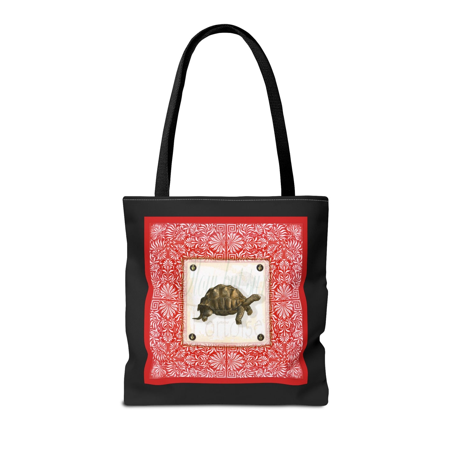 Tortoise, Red on black Tote Bag by artist Marie Frederique