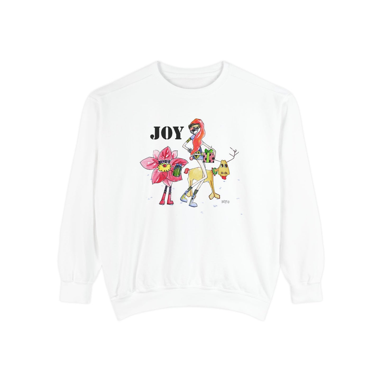 Christmas Sweatshirt "JOY" with Whimsical Characters by artist Marie Frederique