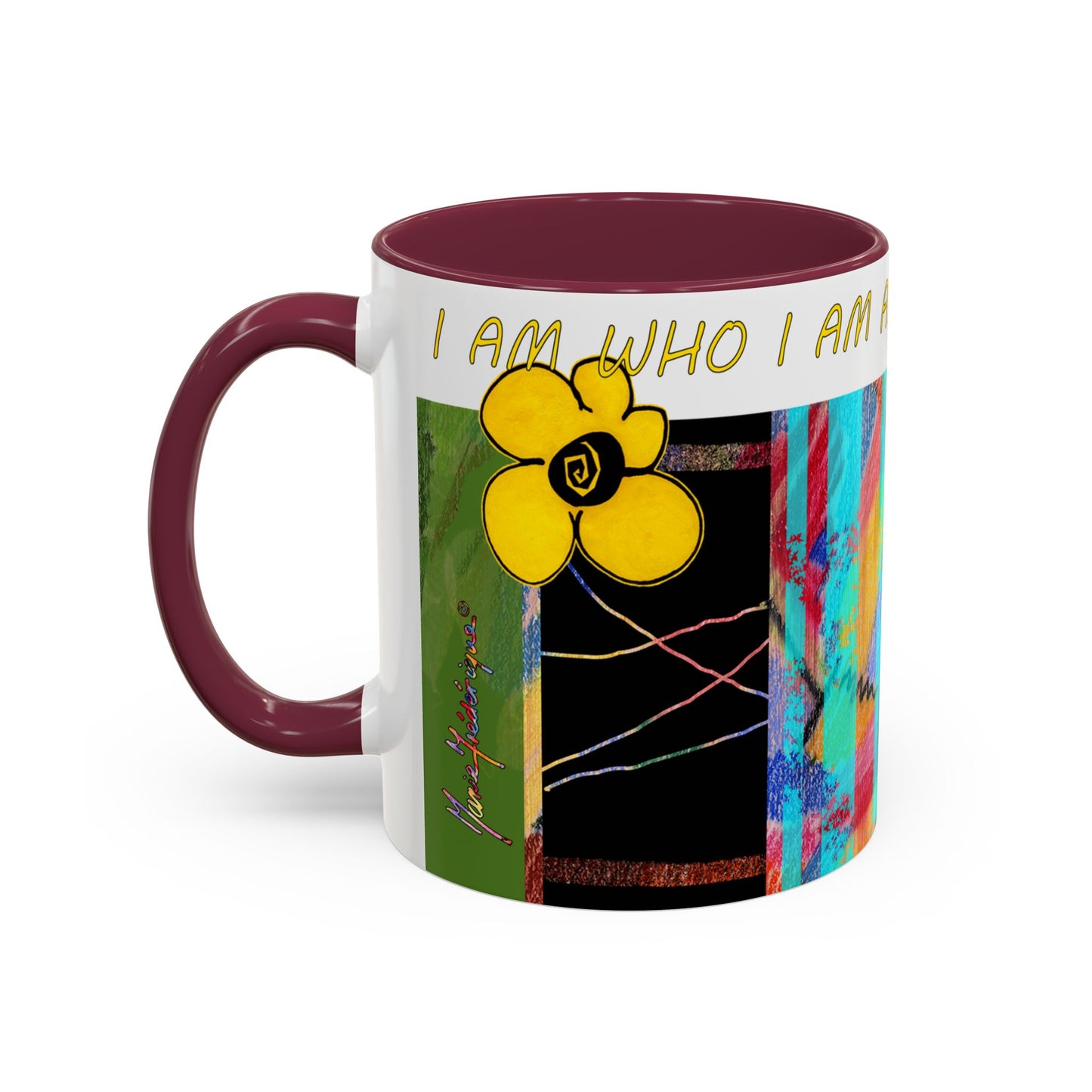 I am who I am and that is enough, multicolored abstract mug by artist Marie Frederique