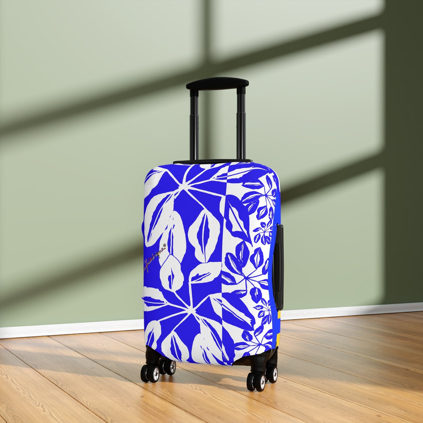 Luggage Cover, Tropical Leaves Blue and White by artist Marie Frederique