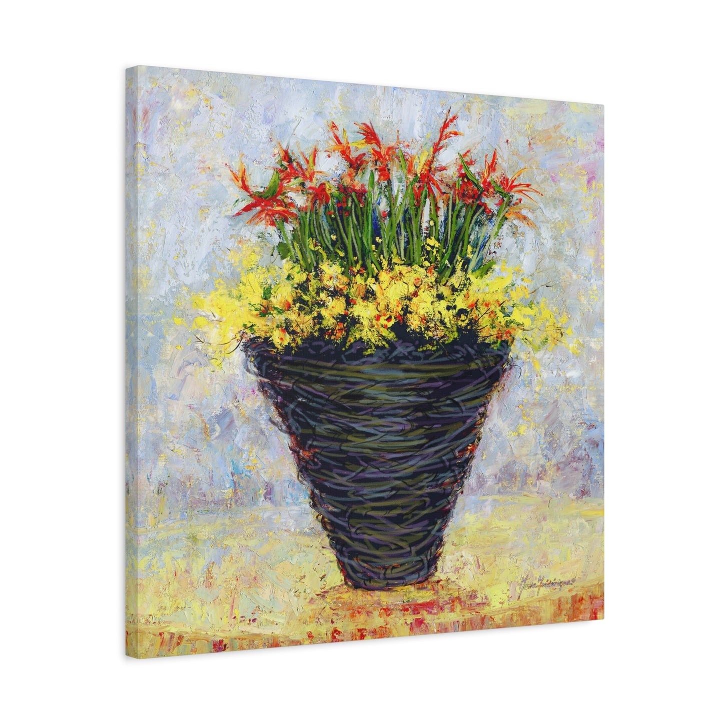 Floral Arrangement, Painterly style with Red and Yellow - Oil Painting Print by artist Marie Frederique