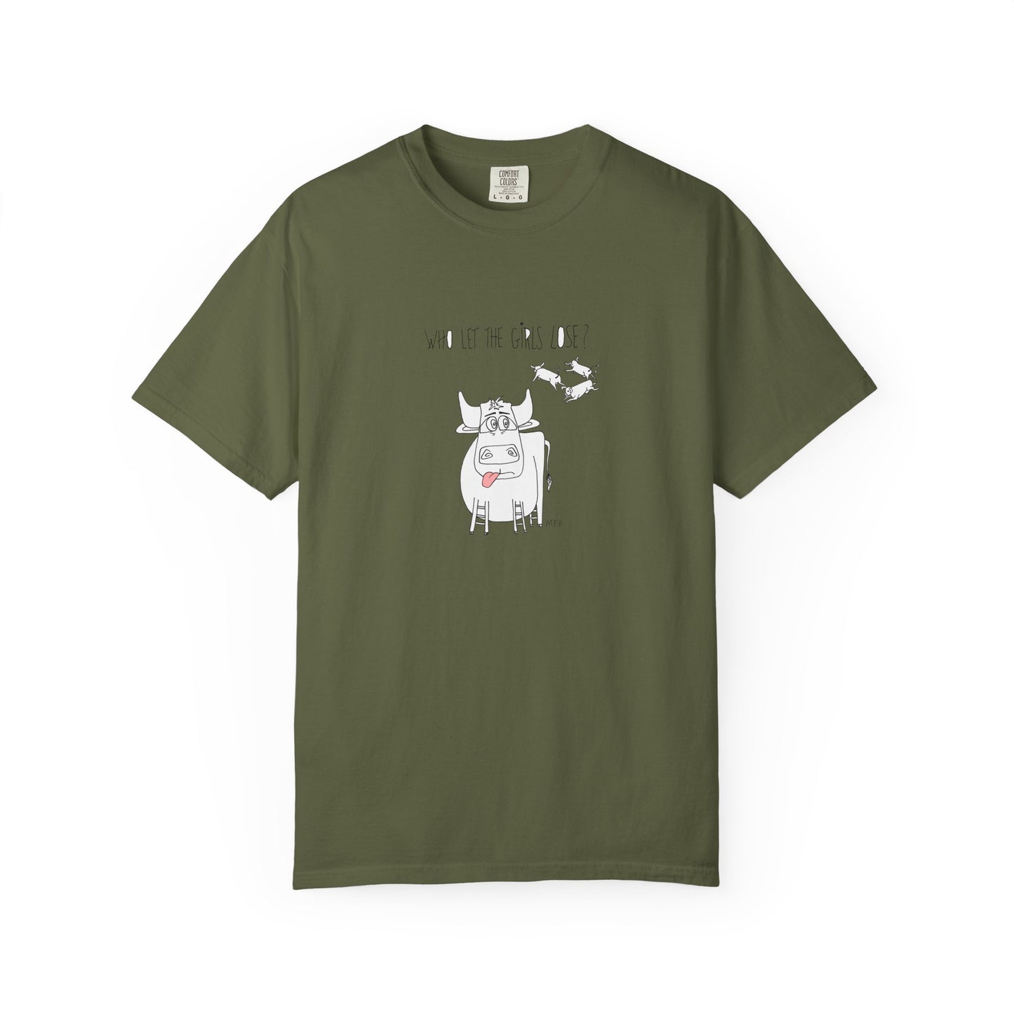 Whimsical Bull T-Shirt "Who let the girls out?" by artist Marie Frederique