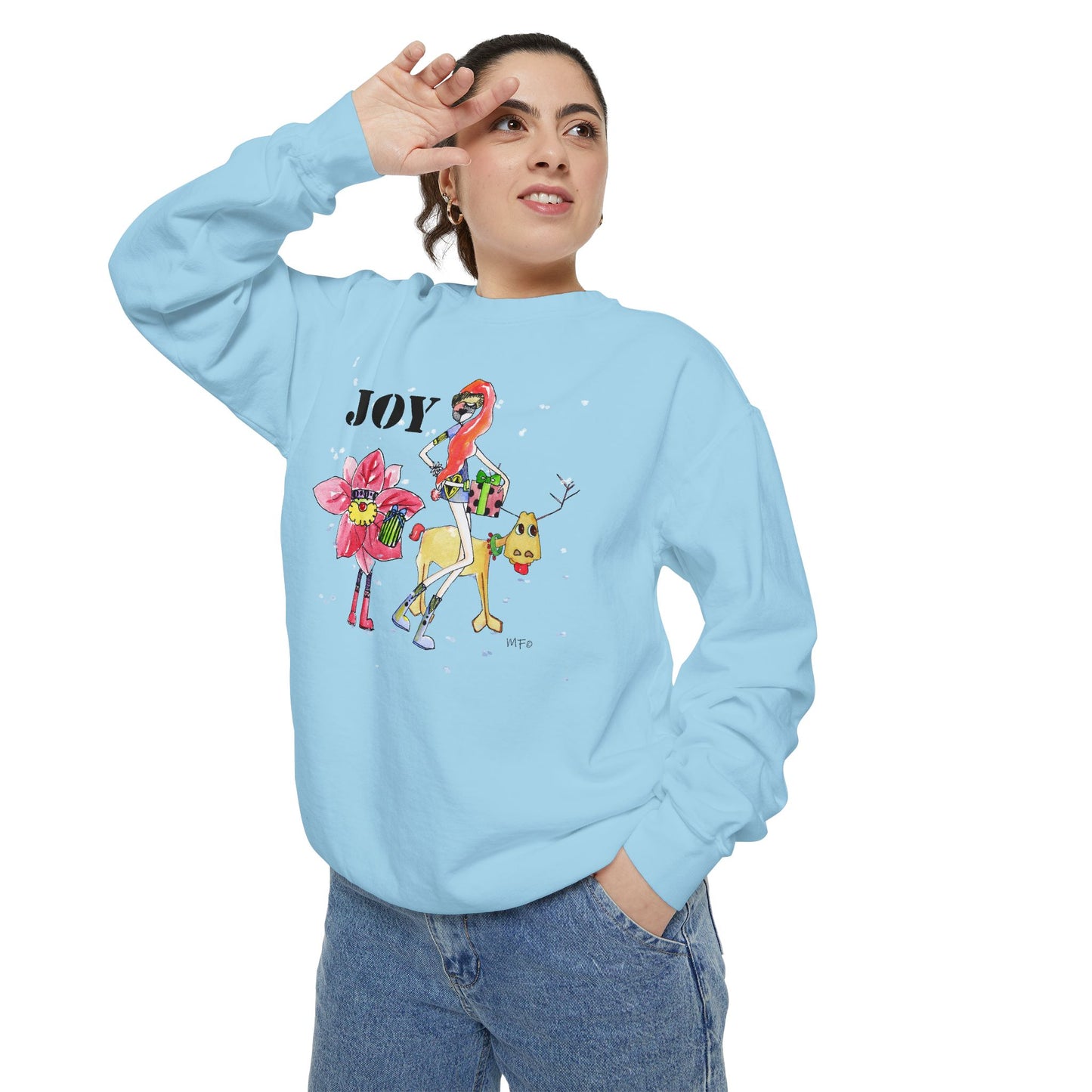 Christmas Sweatshirt "JOY" with Whimsical Characters by artist Marie Frederique