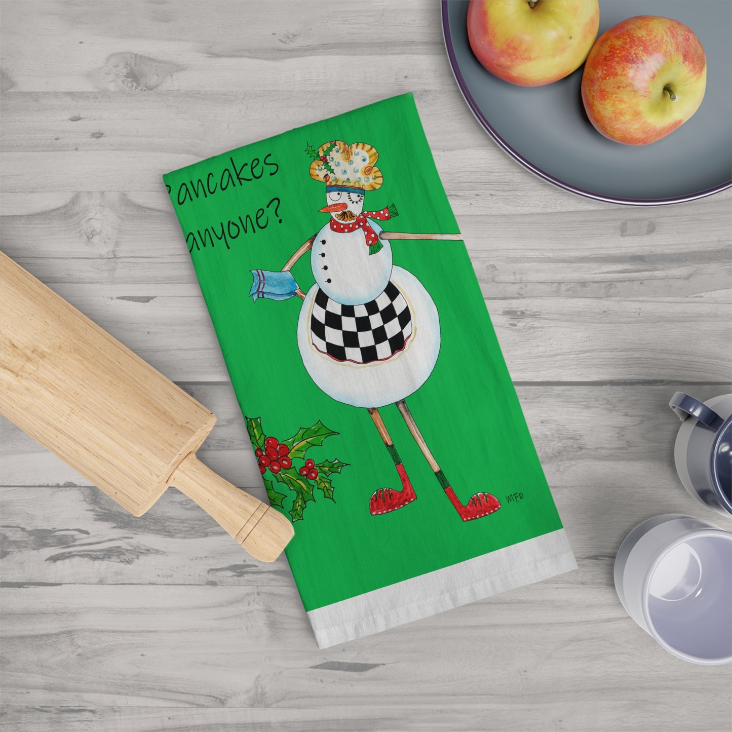Christmas Tea Towel, Pancakes anyone? Snowman by artist Marie Frederique