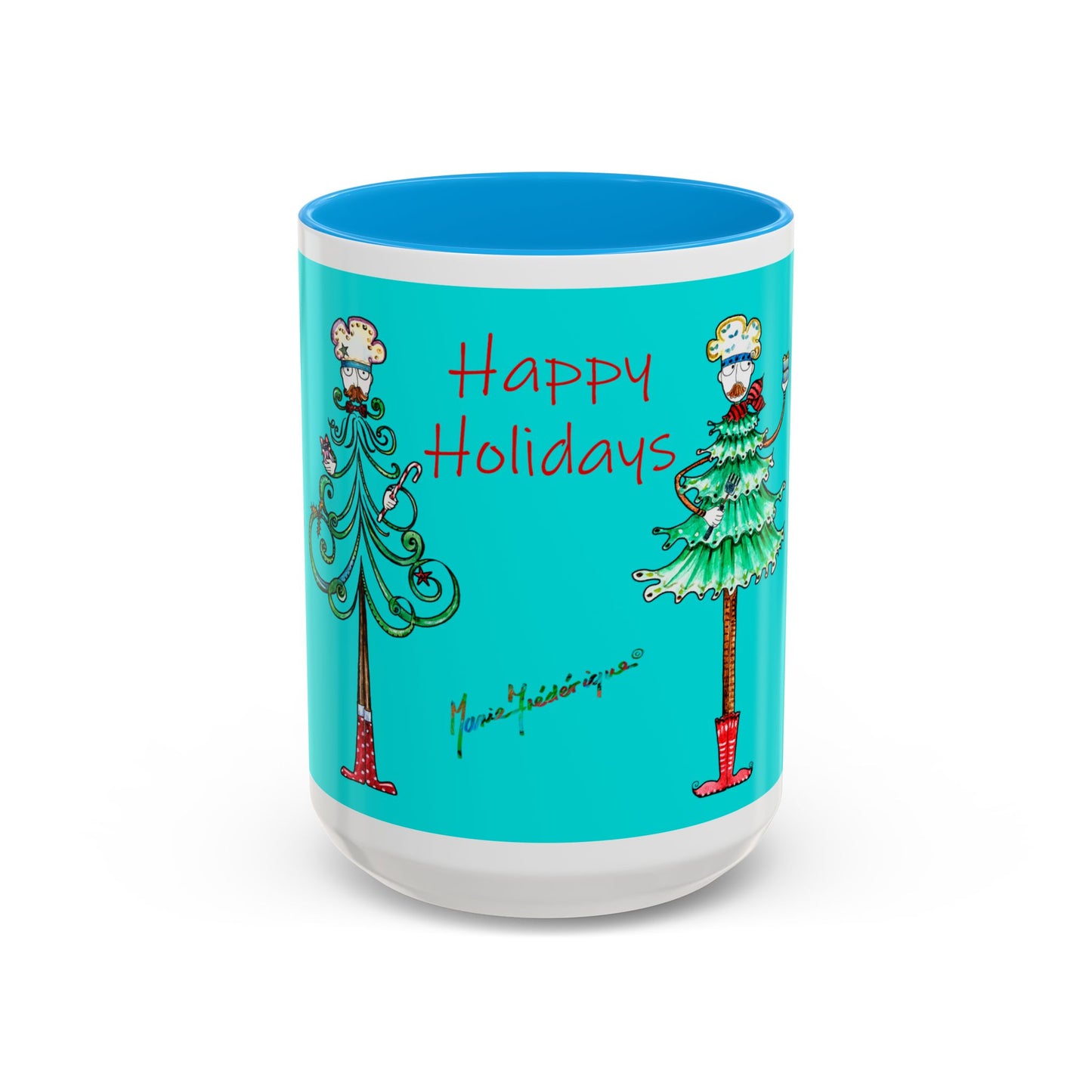 Christmas Trees, Happy Holiday Colorful Mugs by artist Marie Frederique