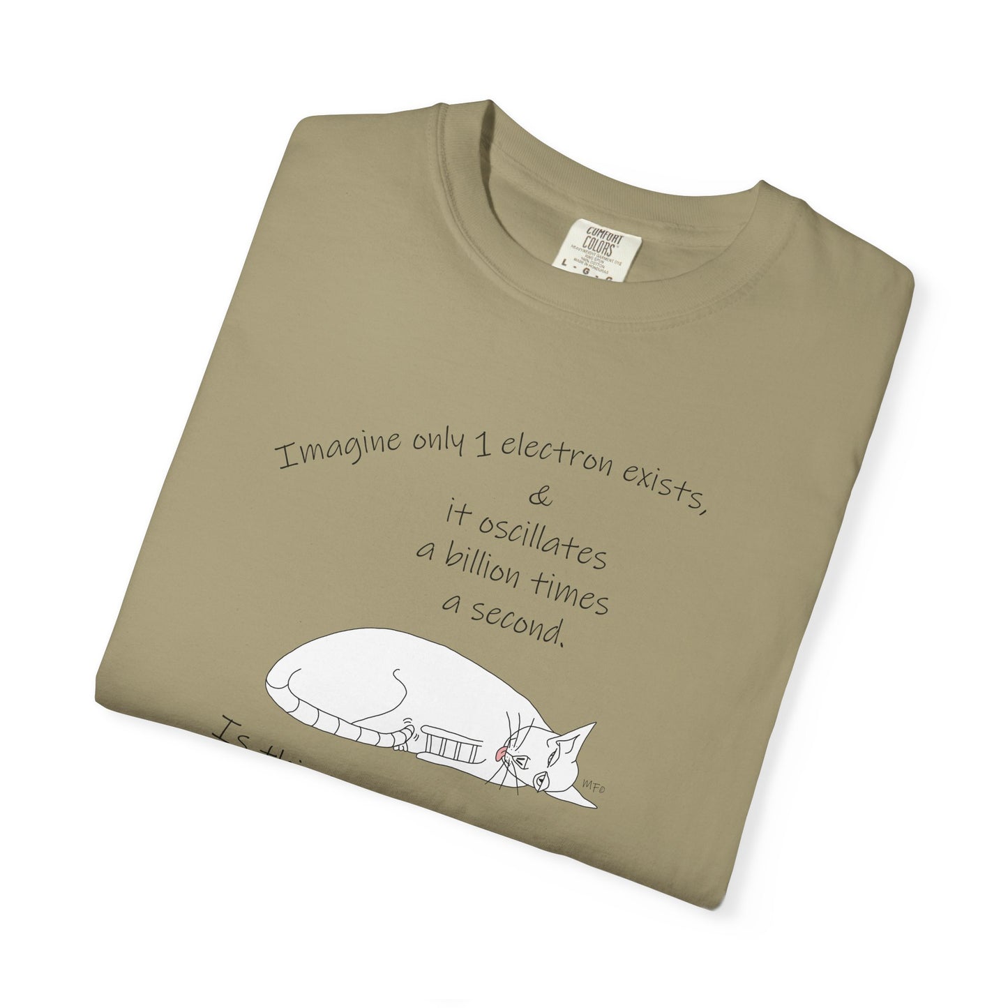 Quantum theoretical physics, Electron? "Imagine only 1 electron exists, play on theorem, Unisex Garment-Dyed T-shirt by artist Marie Frederique