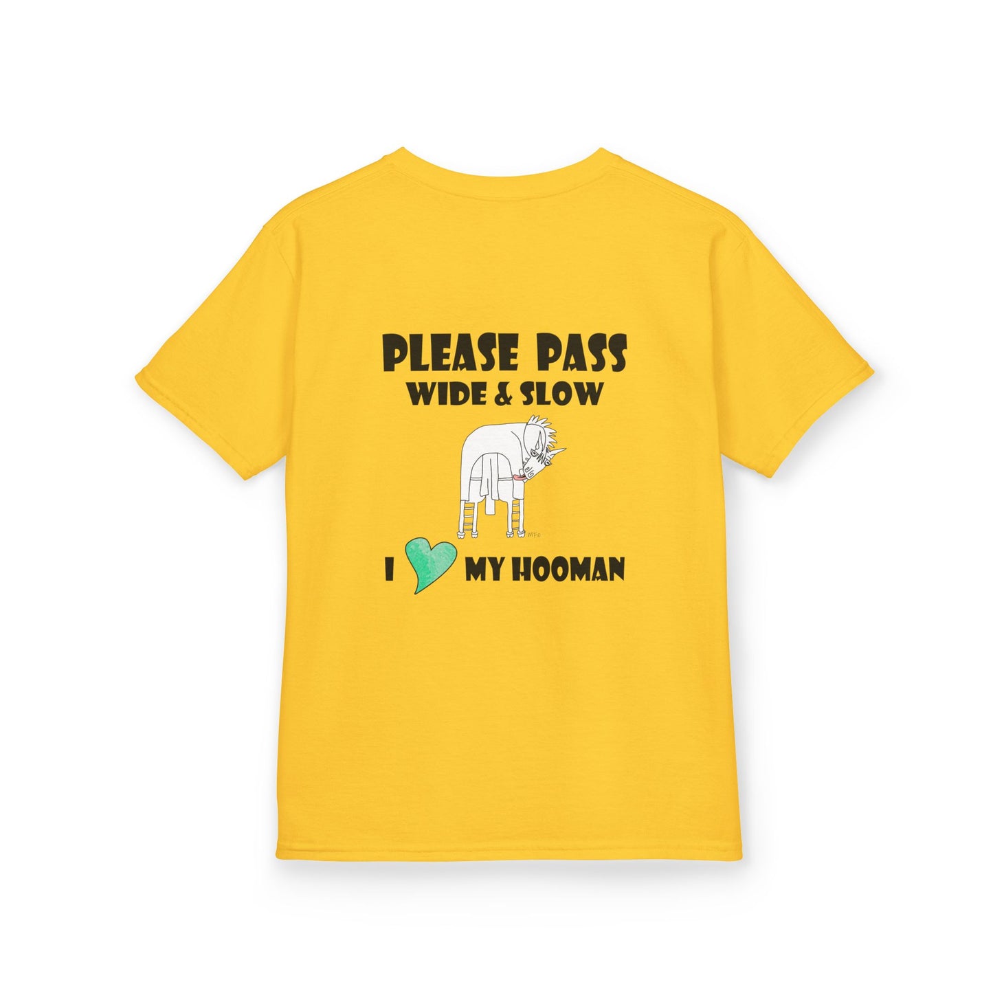 Safety Awareness Horse Riding T-Shirt - "Please Pass Wide & Slow" Design by artist Marie Frederique