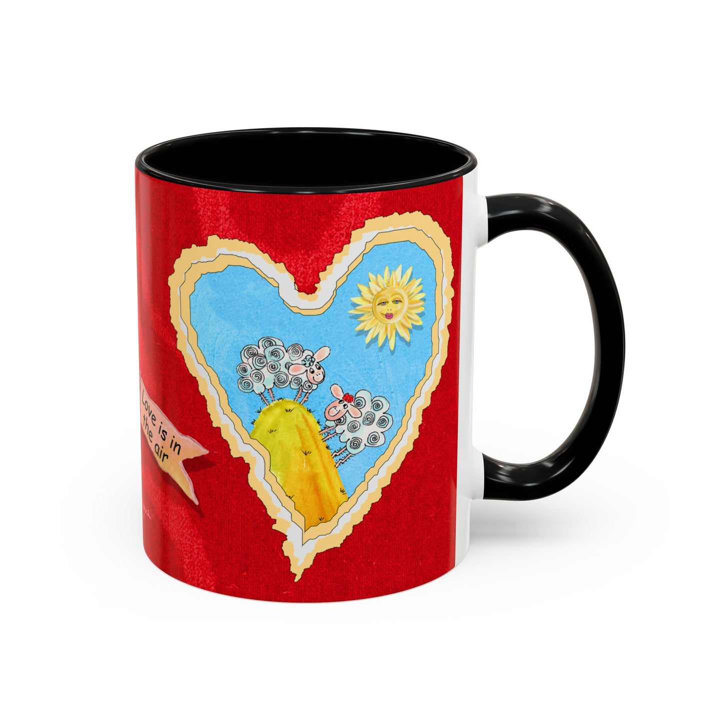 Valentine Sheep, Love is in the air with flying pig - Accent Coffee Mug (11, 15oz) by artist Marie Frederique