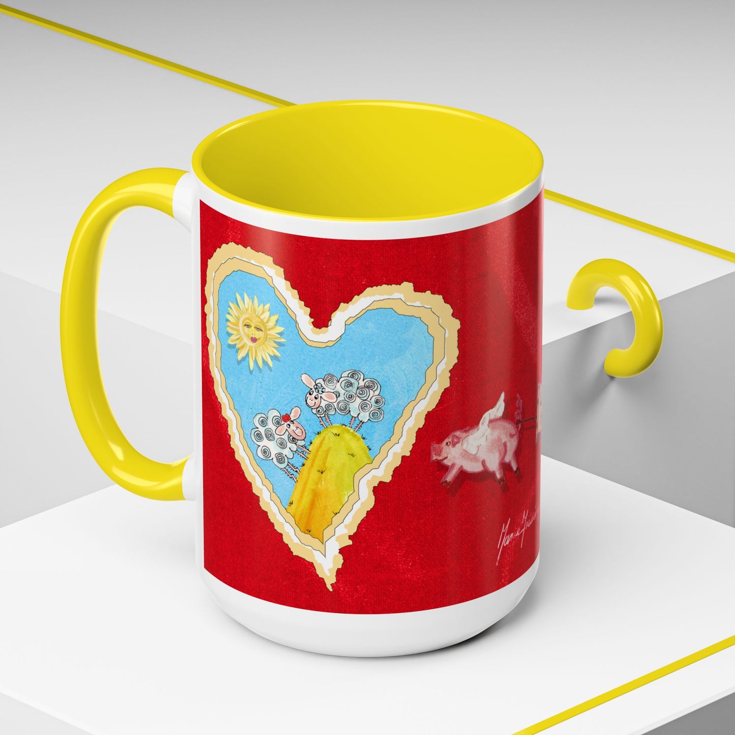 Valentine Sheep, Love is in the air with flying pig - Accent Coffee Mug (11, 15oz) by artist Marie Frederique