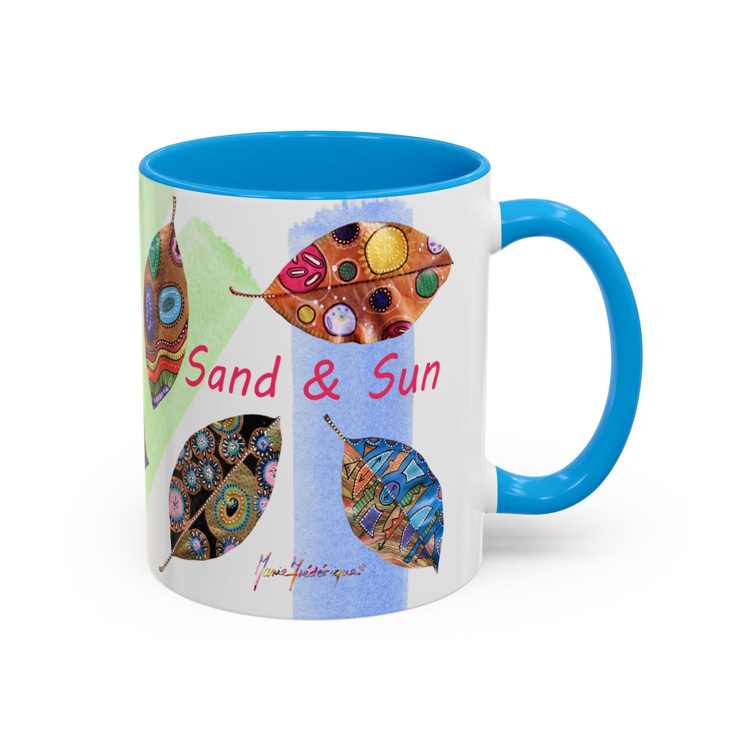 Surf, Sand and Sun multicolored painted leaves - Colorful Mug by Artist Marie Frederique