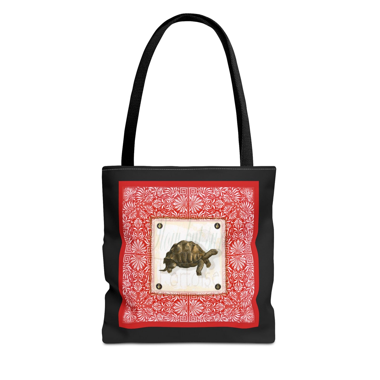 Tortoise, Red on black Tote Bag by artist Marie Frederique