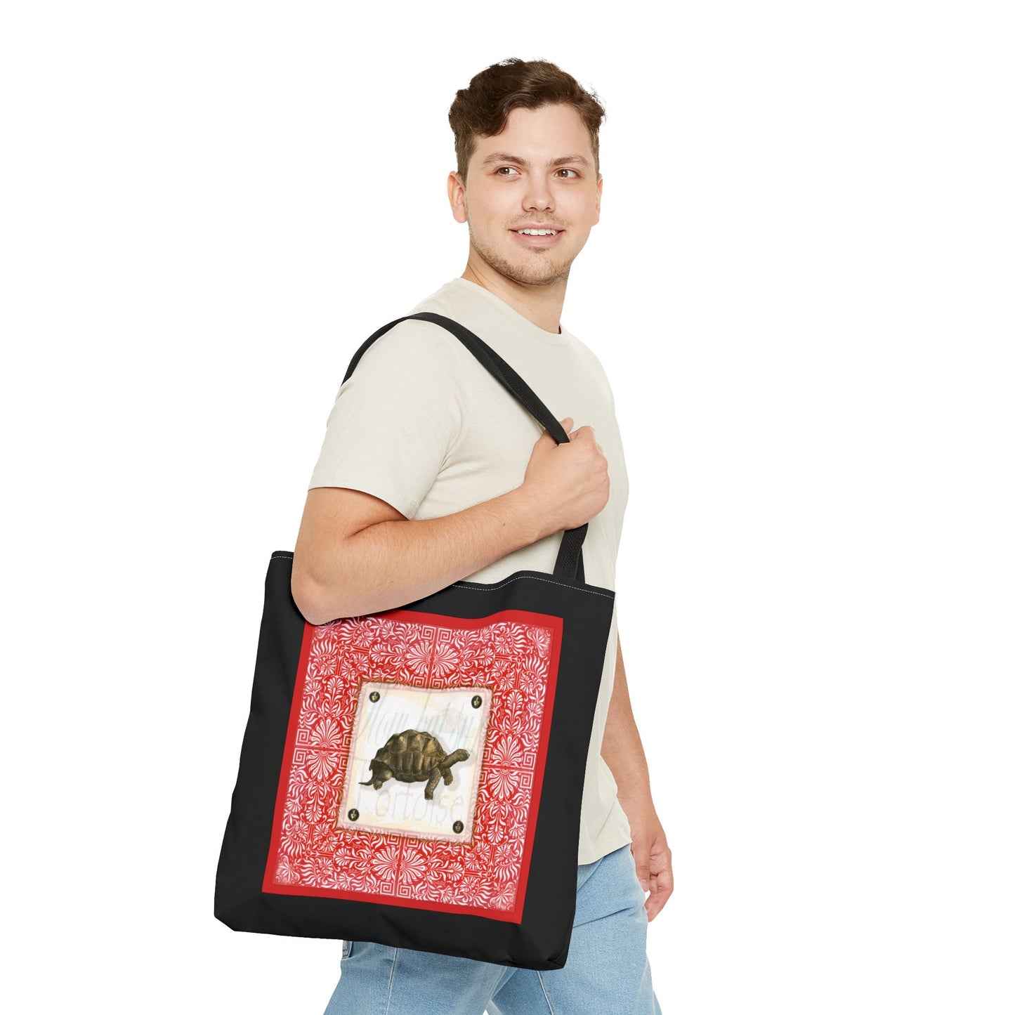 Tortoise, Red on black Tote Bag by artist Marie Frederique