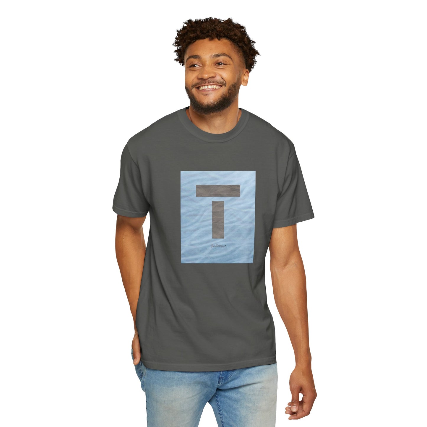 T symbol, Star Energy in a soft grey with light blue water reflections, Unisex Garment-Dyed T-shirt by artist Marie Frederique