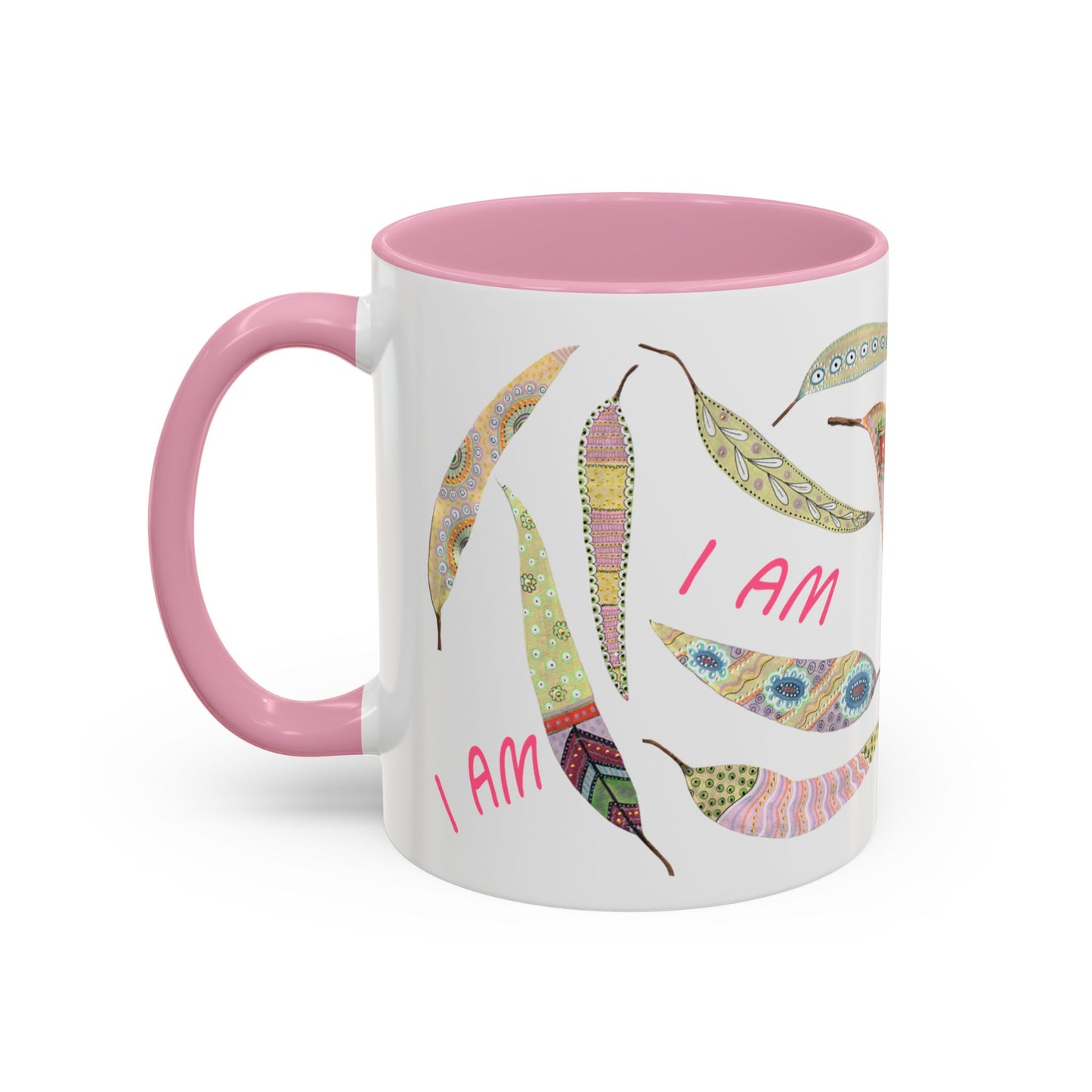 I AM - long pastel painted Eucalyptus leaves mug by Artist Marie Frederique
