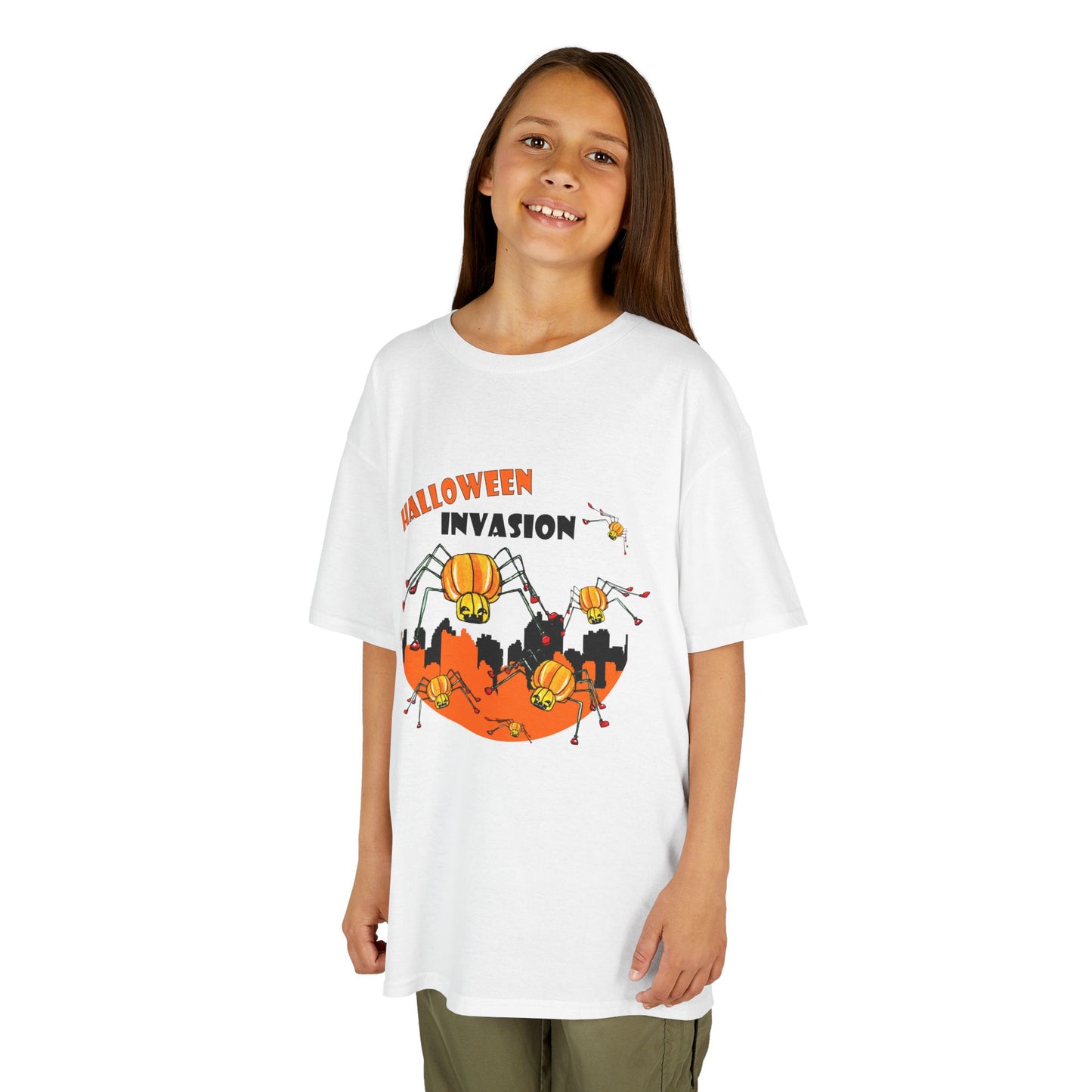 Kids Halloween Tee - Invasion of the Pumpkin Spiders Design by artist Marie Freder1que