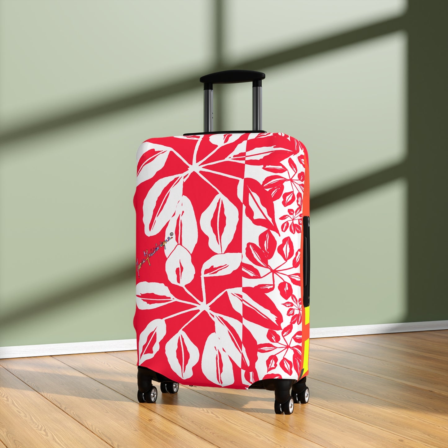 Luggage Cover, Tropical leaves in Red and White by artist Marie Frederique