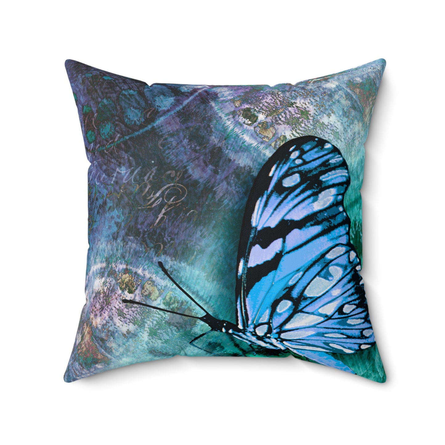 Blue Butterfly Faux Suede Square Pillow by artist Marie Frederique