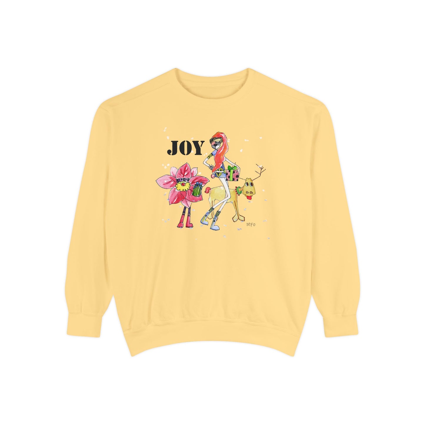 Christmas Sweatshirt "JOY" with Whimsical Characters by artist Marie Frederique