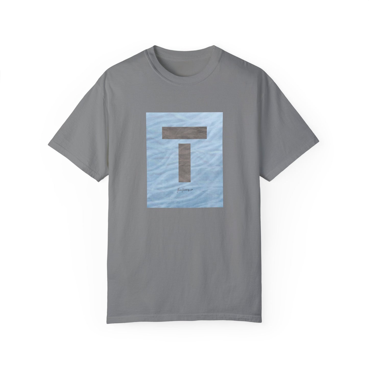 T symbol, Star Energy in a soft grey with light blue water reflections, Unisex Garment-Dyed T-shirt by artist Marie Frederique