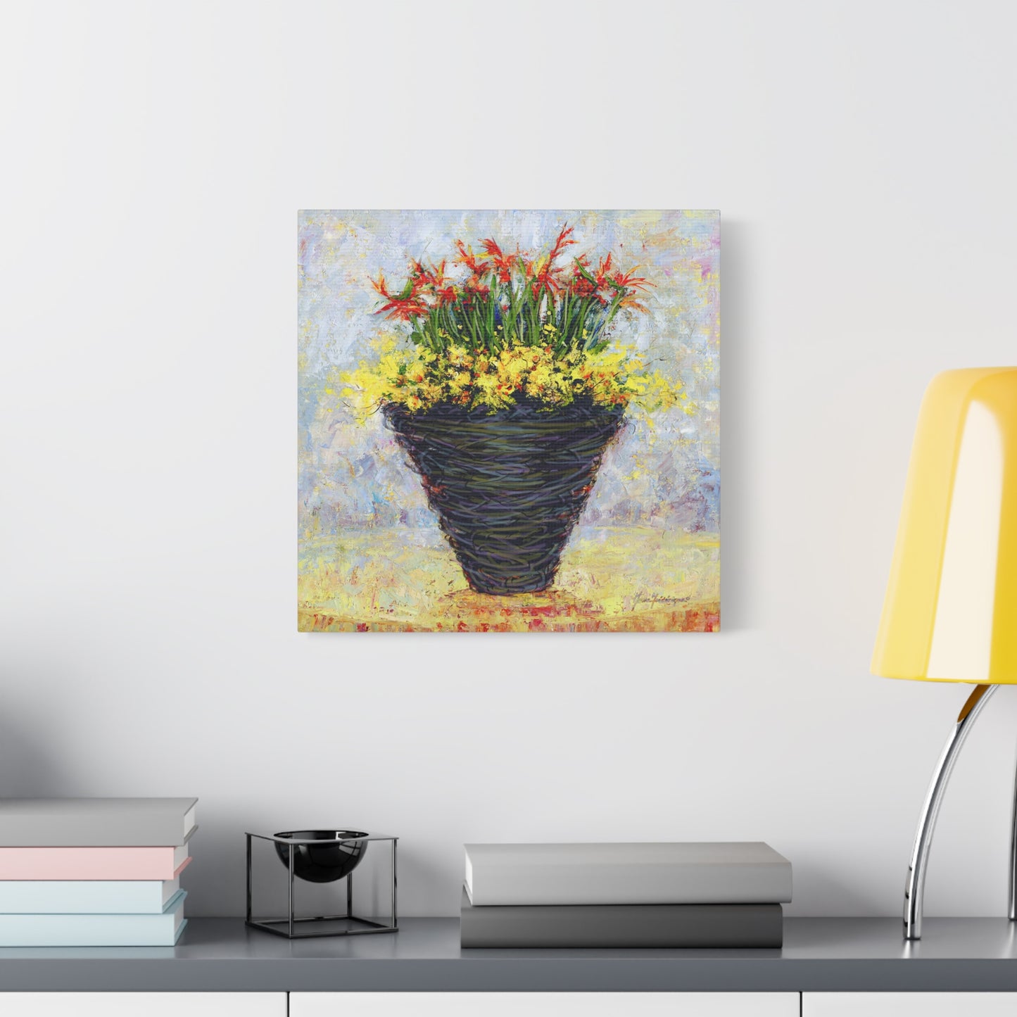Floral Arrangement, Painterly style with Red and Yellow - Oil Painting Print by artist Marie Frederique