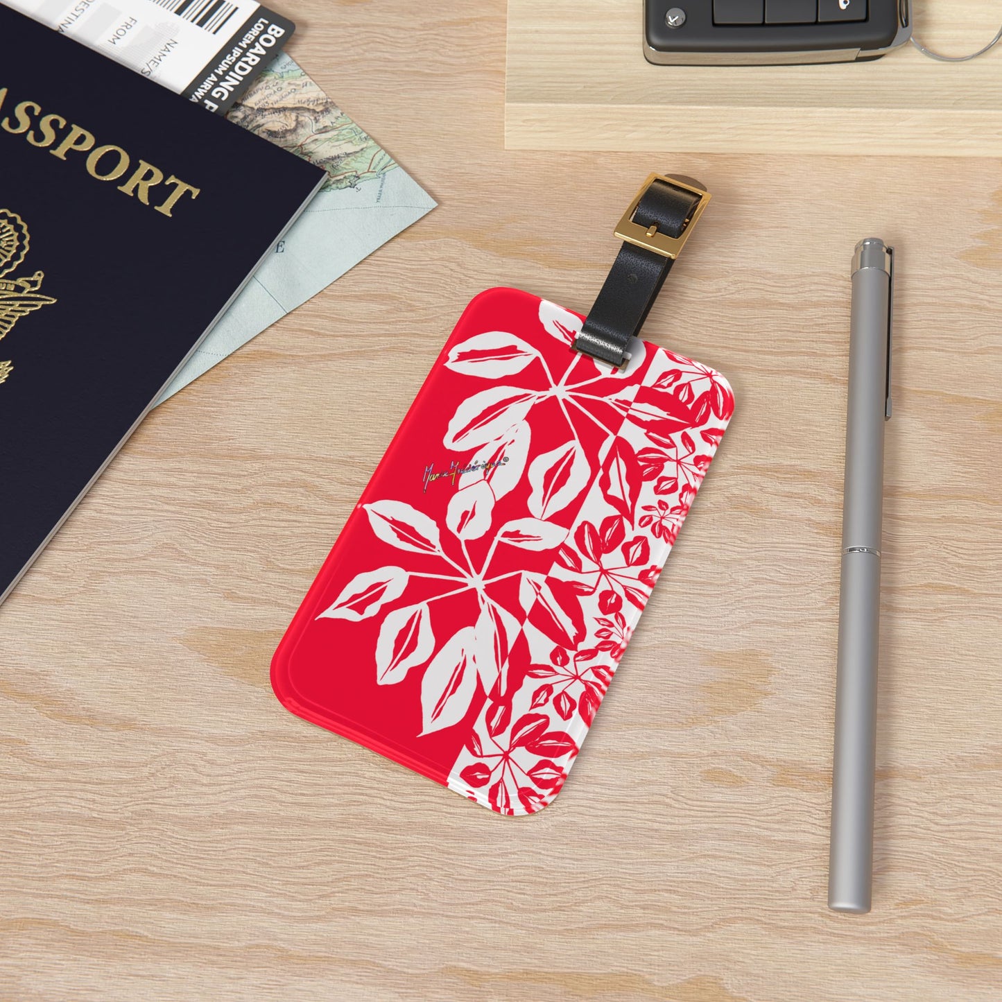 Luggage Tag, Tropical Leaves in Red and White by artist Marie Frederique