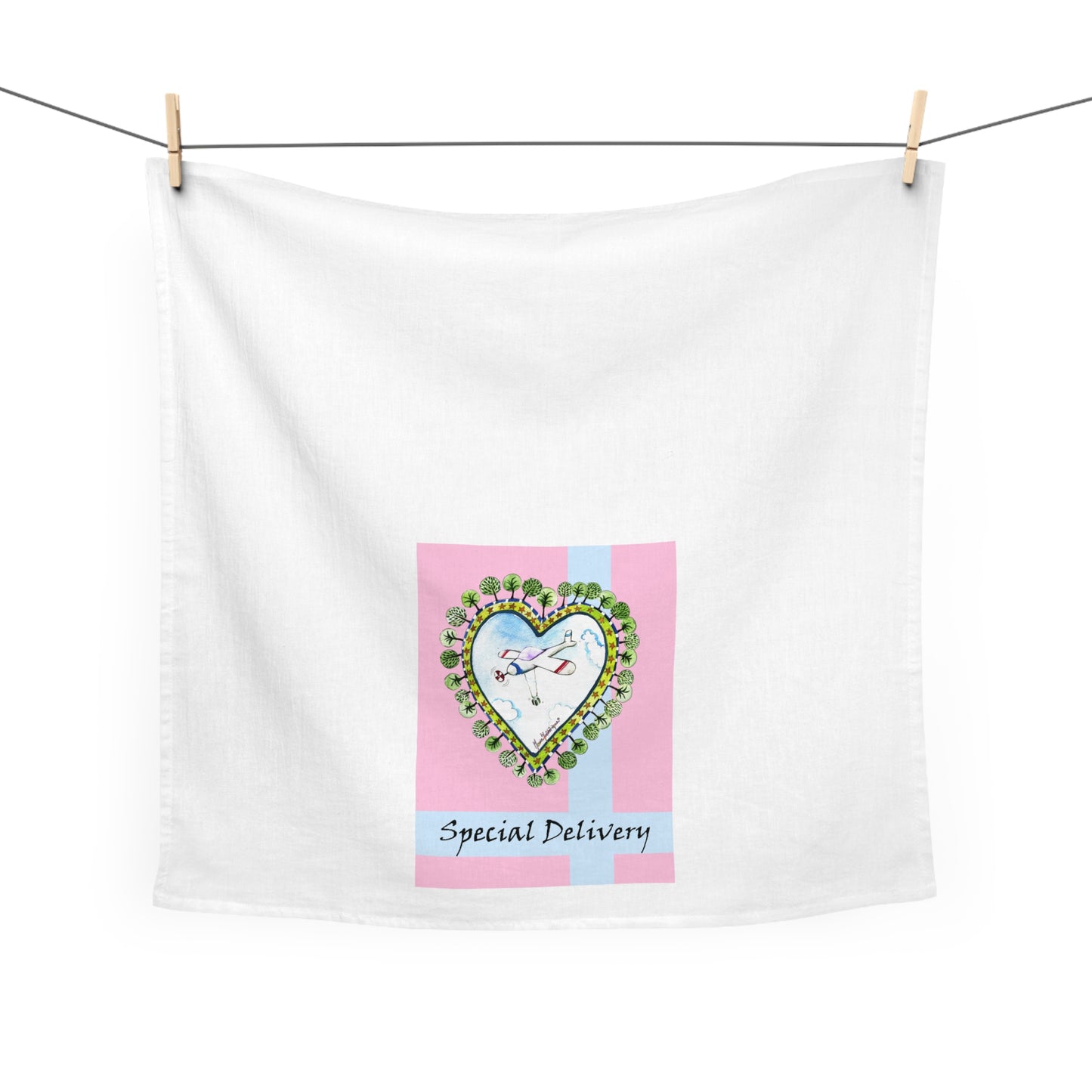 Charming Heart Design Tea Towel - Special Delivery Kitchen Decor by artist Marie Frederique