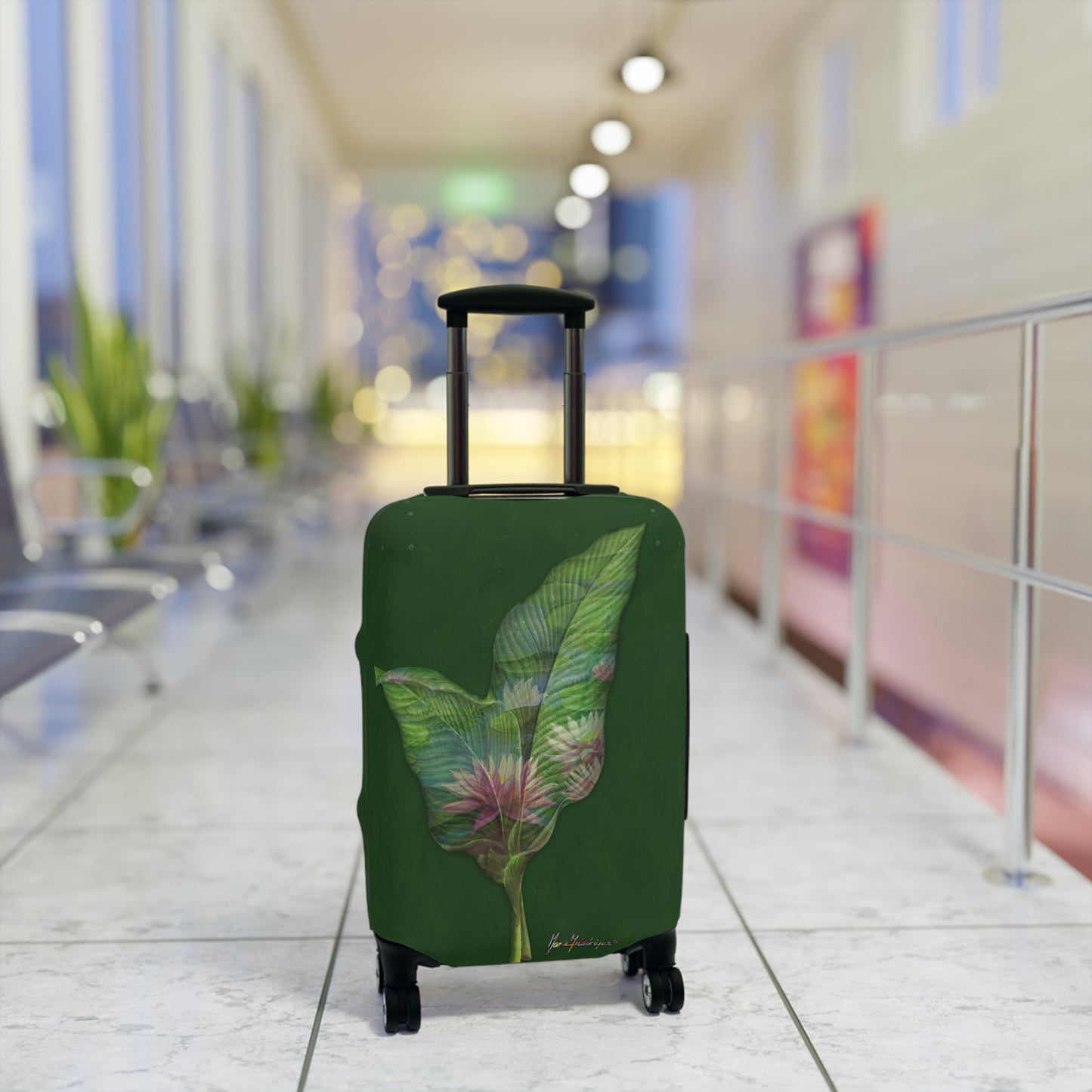 Luggage Cover, Pink Lotus flower and leaves on green By Artist Marie Frederique