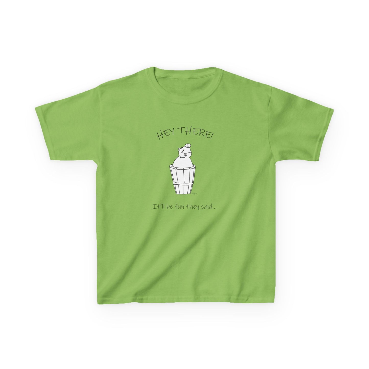 Pig in a barrel - HEY THERE! It'll be fun they said, Kids Heavy Cotton™ Tee by artist Marie Frederique
