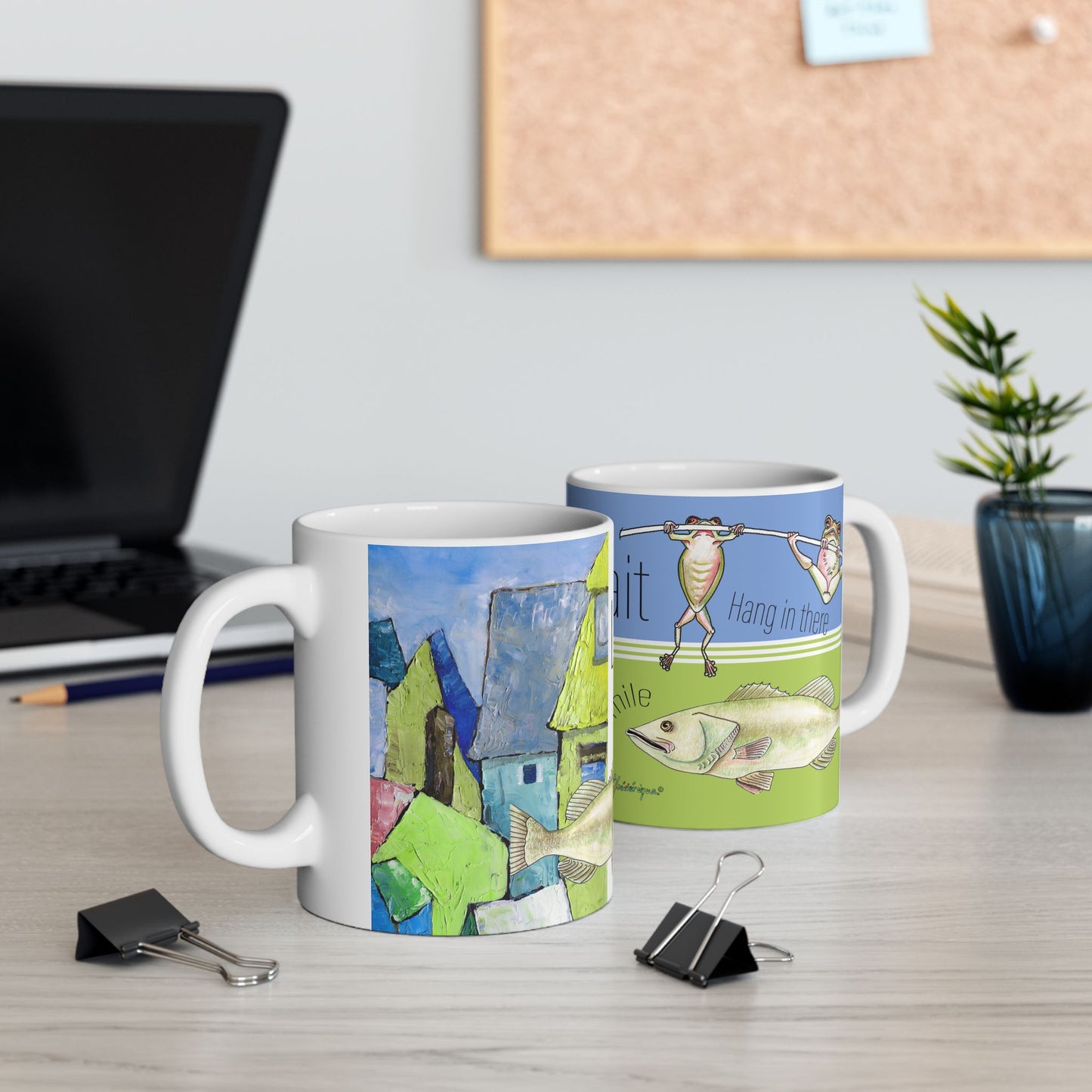 Hang in there, Fishing & Frog lovers metal mug by artist Marie Frederique