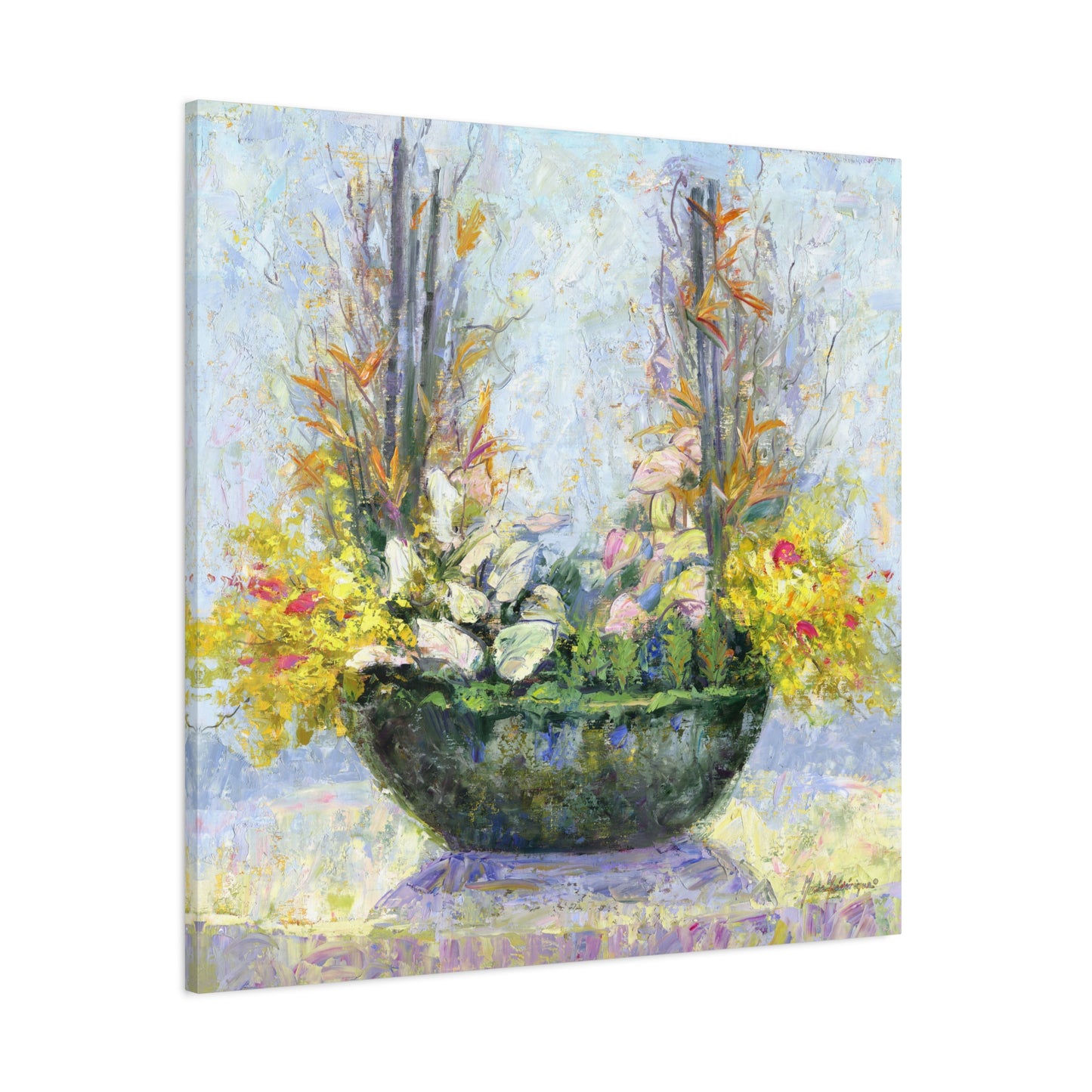 Floral Arrangement, Painterly style with Yellow and Blue - Oil Painting Print by artist Marie Frederique
