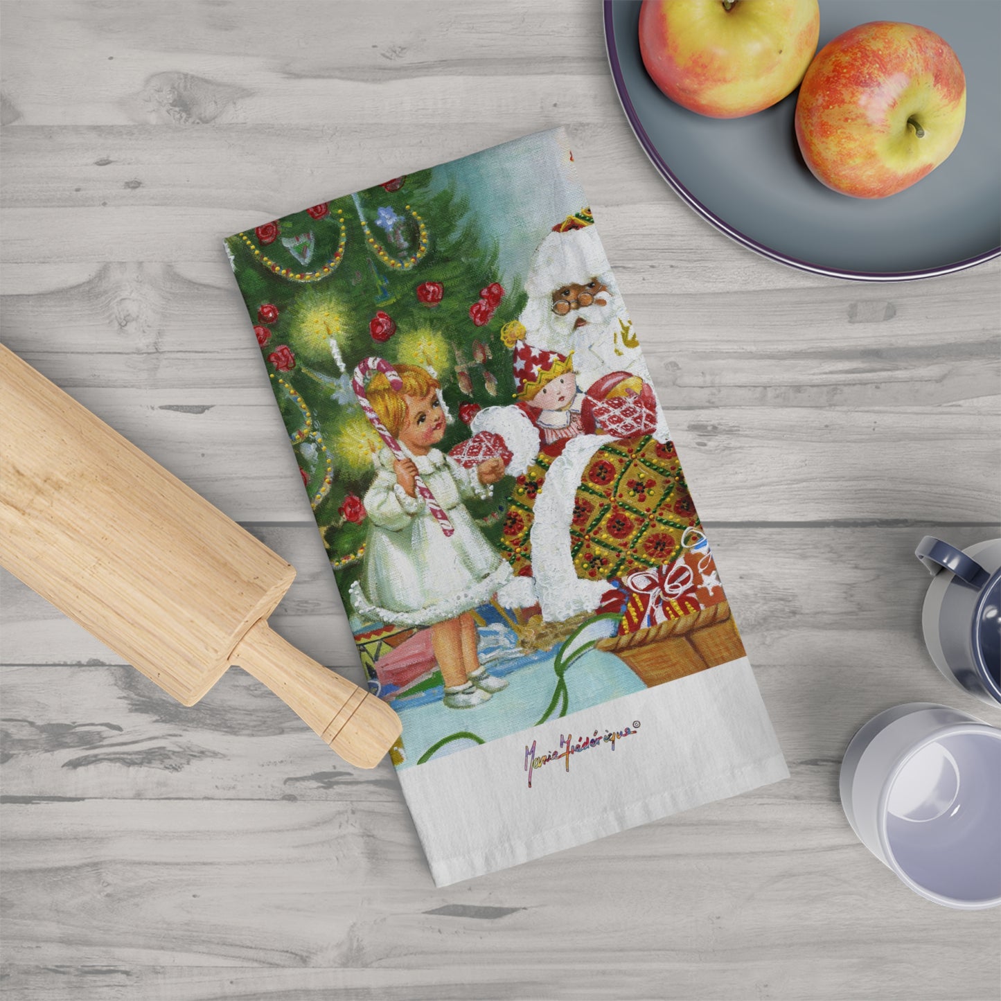 Christmas Santa & Child Tea Towel — Vintage Holiday Kitchen Towel by artist Marie Frederique