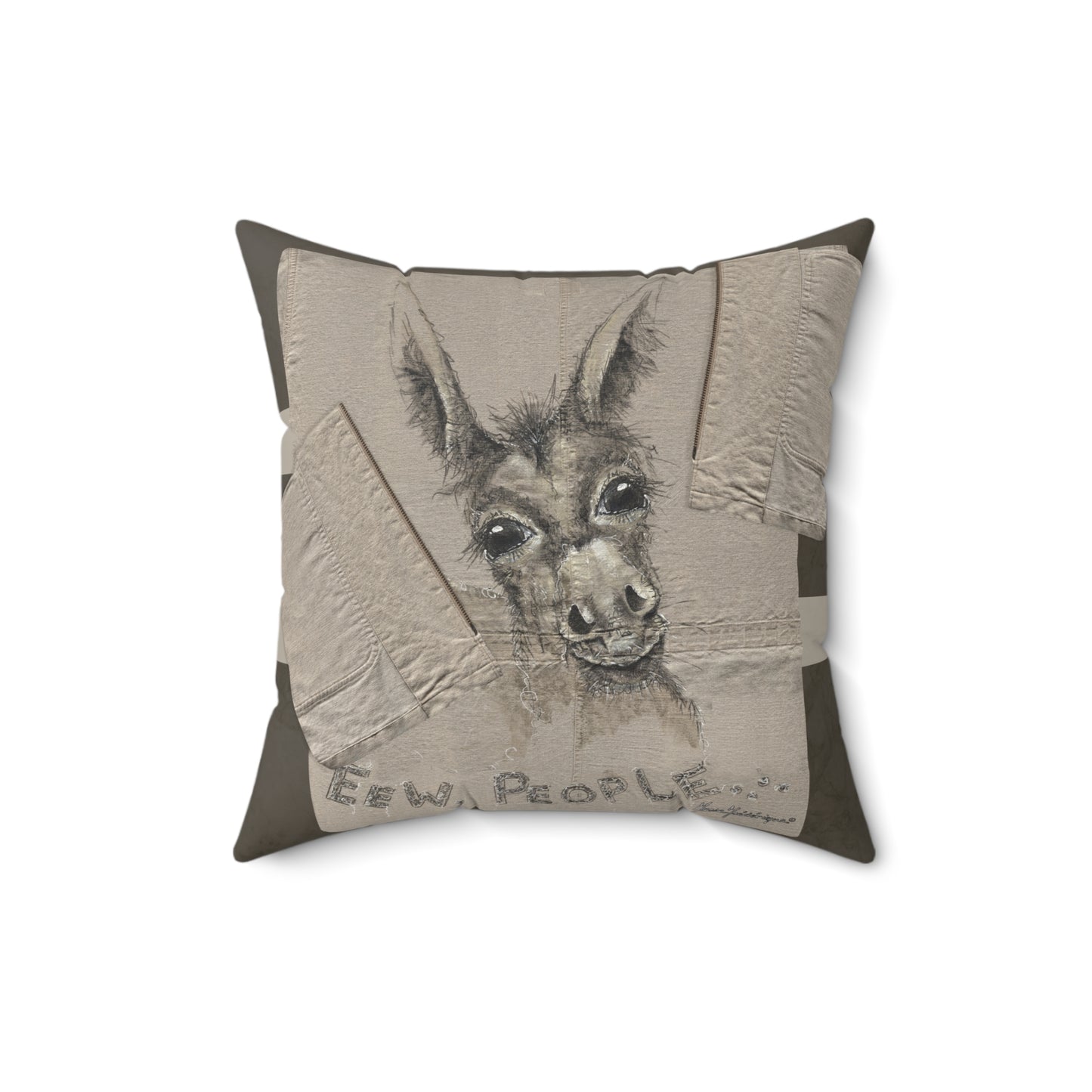 Donkey lovers - EWE, PEOPLE... Whimsical Animal Art Pillow by artist Marie Frederique
