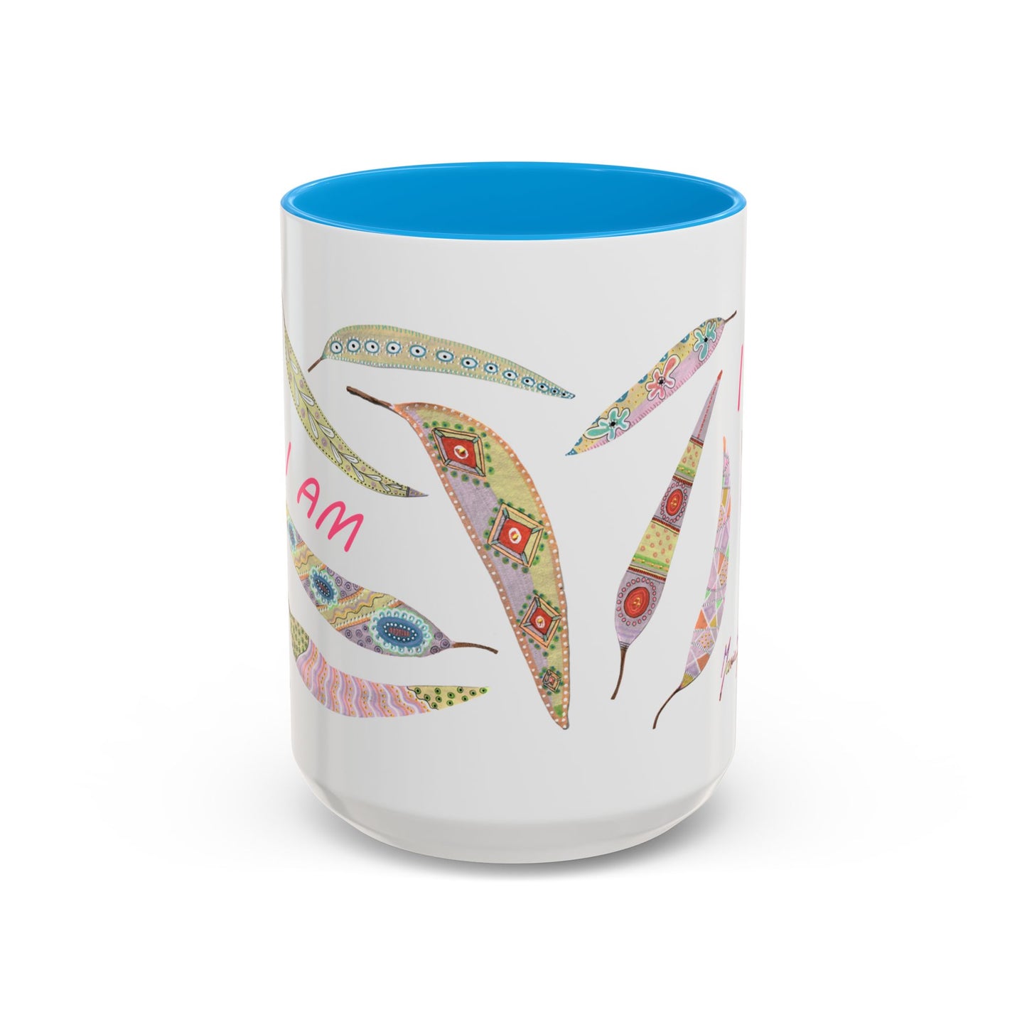 I AM - long pastel painted Eucalyptus leaves mug by Artist Marie Frederique