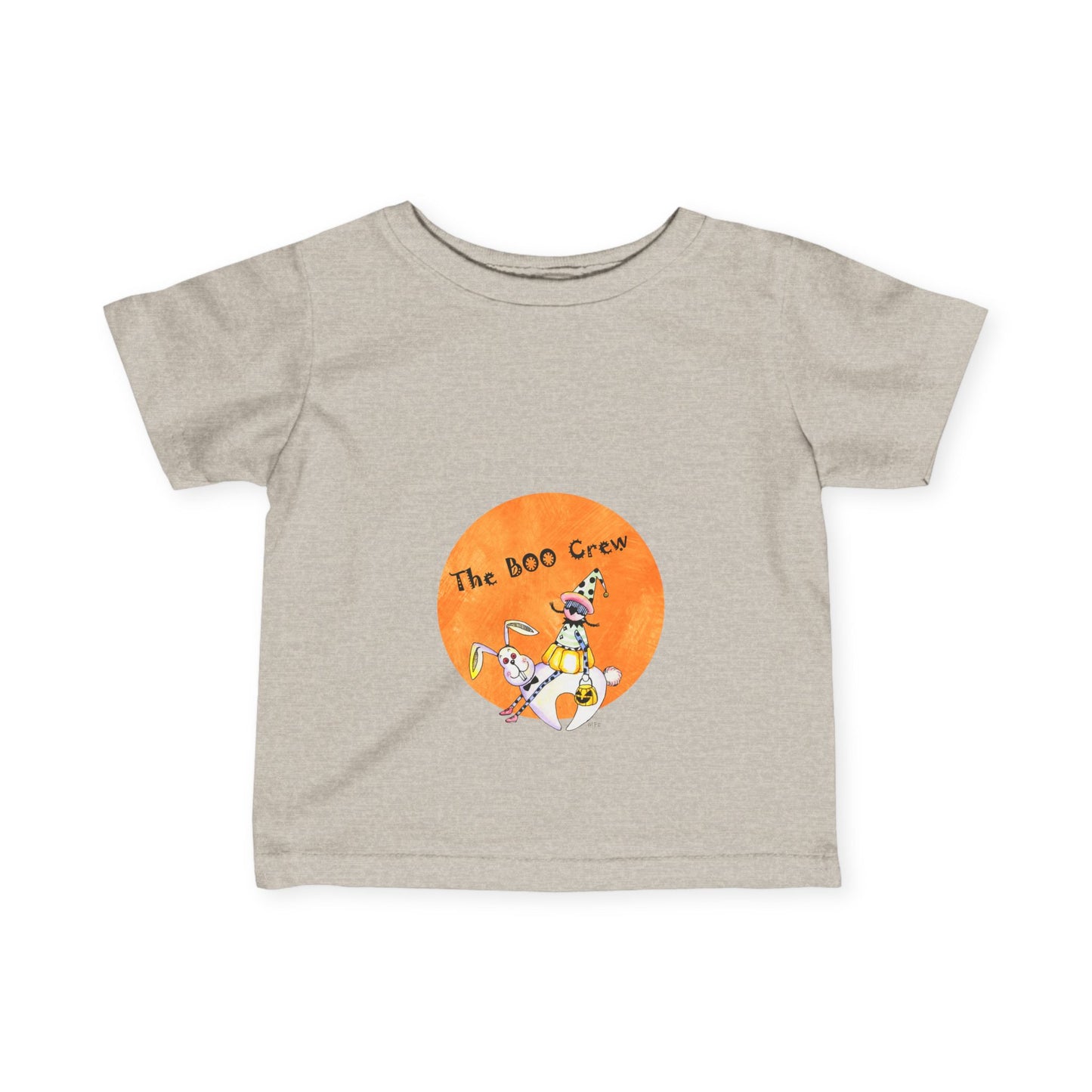 Halloween, "The BOO Crew" pumpkin character riding on a rabbit - Infant Fine Jersey Tee by artist Marie Frederique
