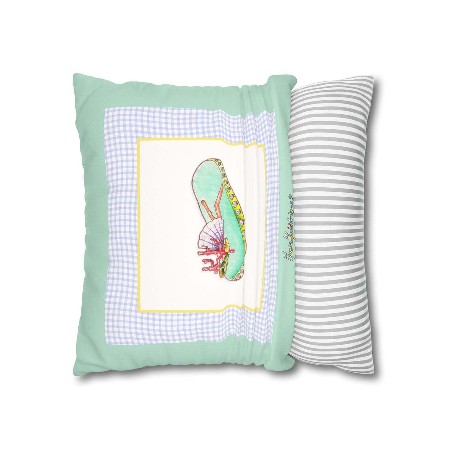 Mint Gingham Vacation Flip-Flop Pillowcase — Beachy Faux Suede Decorative Pillow Cover by artist Marie Frederique