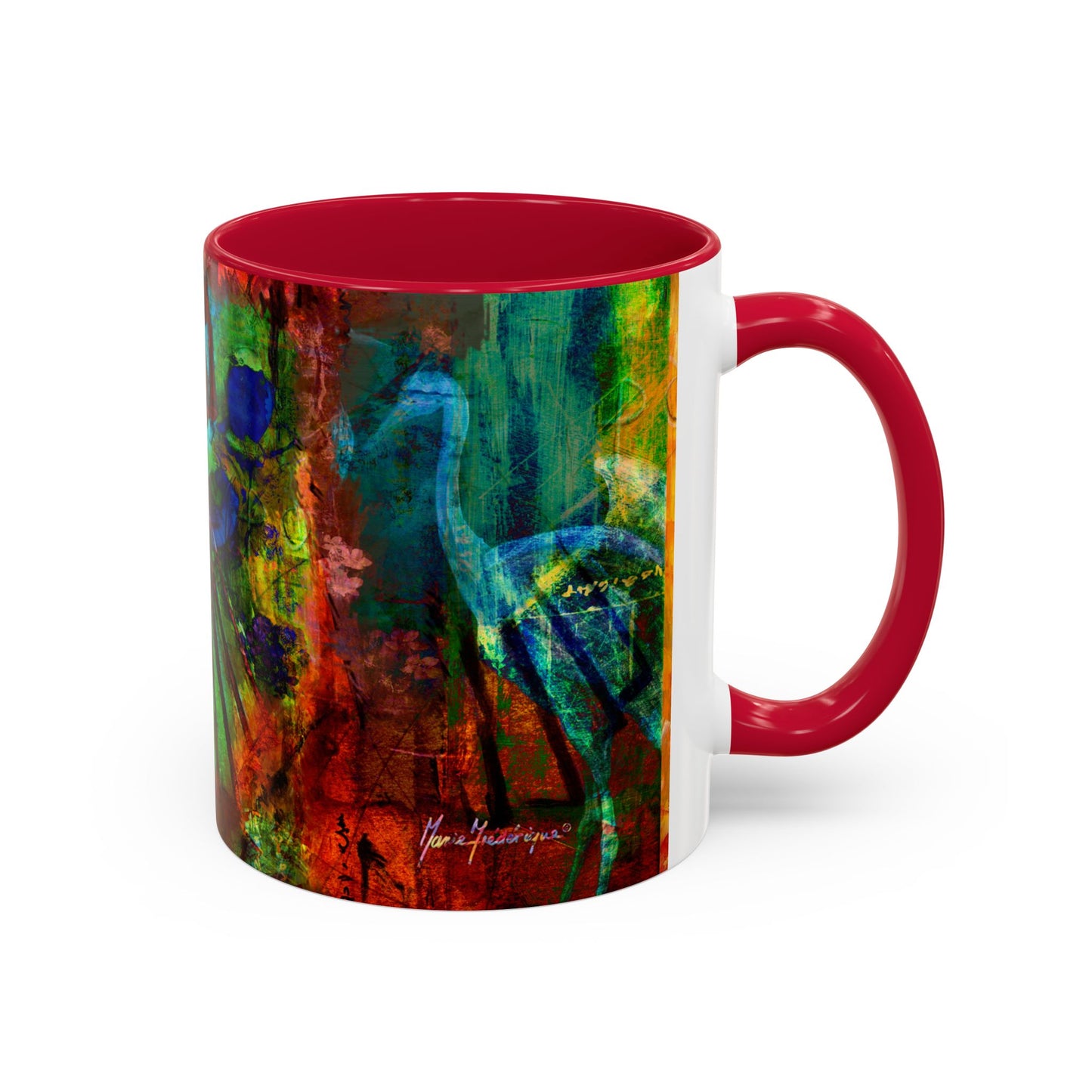 Blue Crane, Abstract Colorful Mug by Artist Marie Frederique