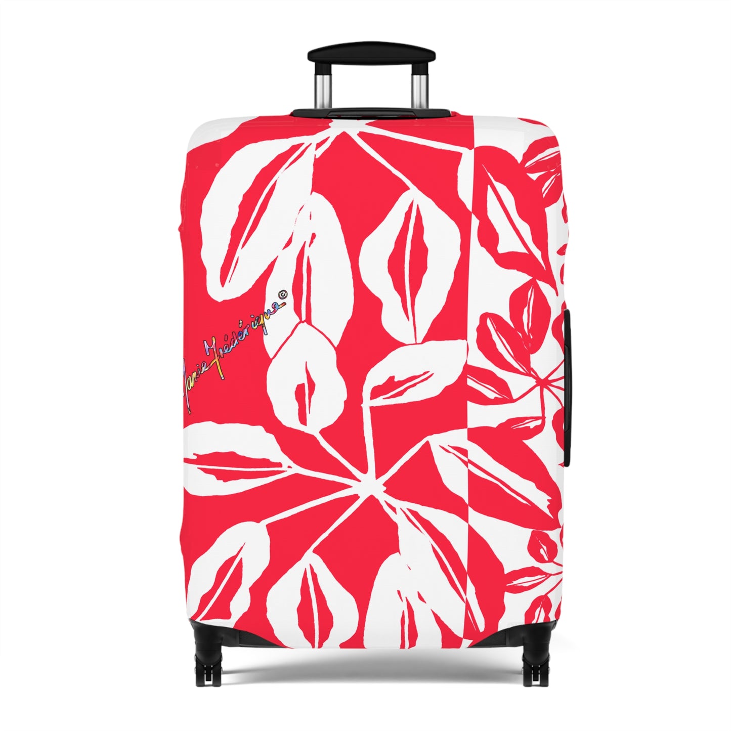 Luggage Cover, Tropical leaves in Red and White by artist Marie Frederique