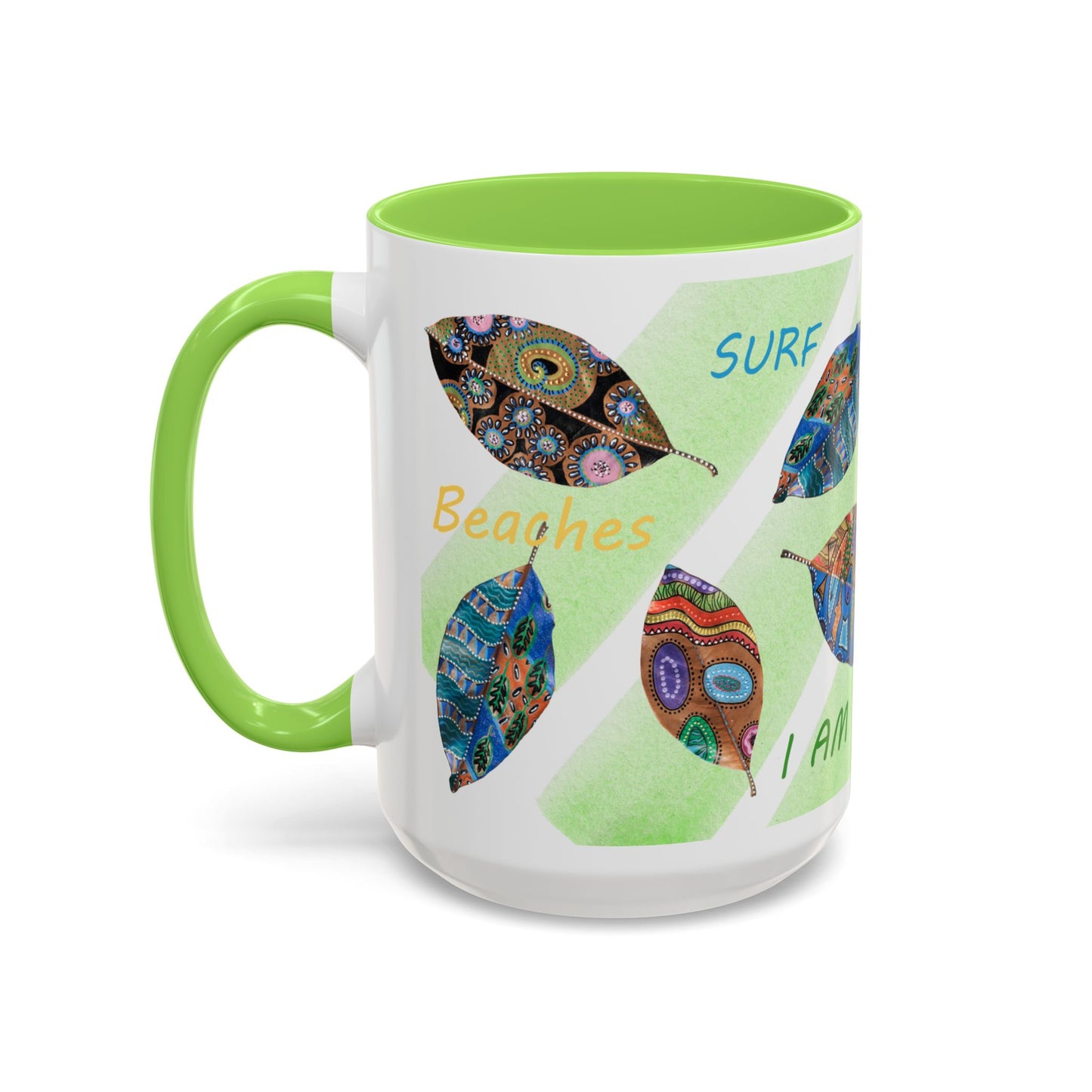 Surf, Sand and Sun multicolored painted leaves - Colorful Mug by Artist Marie Frederique