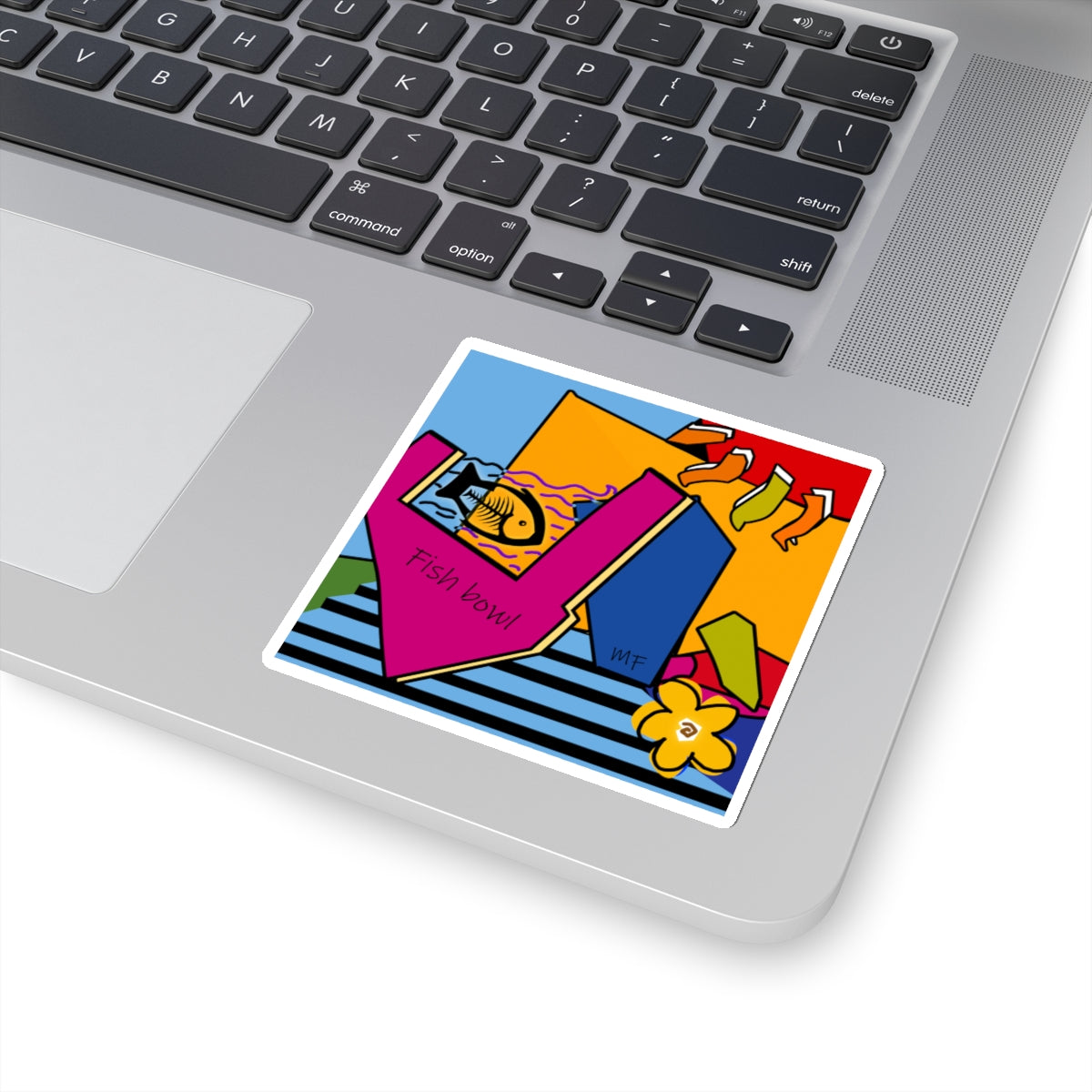 Dog Box series, multicolored graphic Fish bowl sticker by artist Marie Frederique