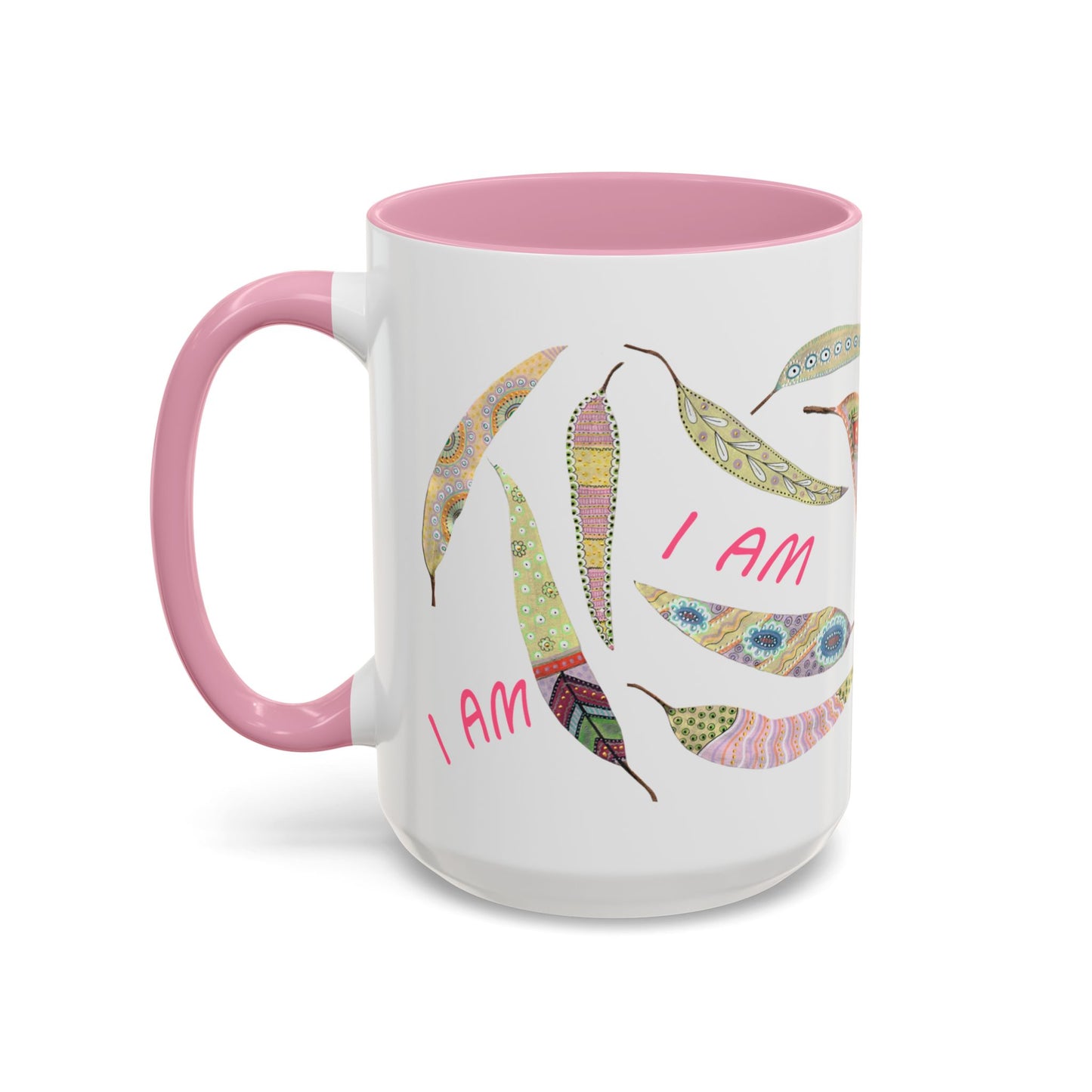 I AM - long pastel painted Eucalyptus leaves mug by Artist Marie Frederique