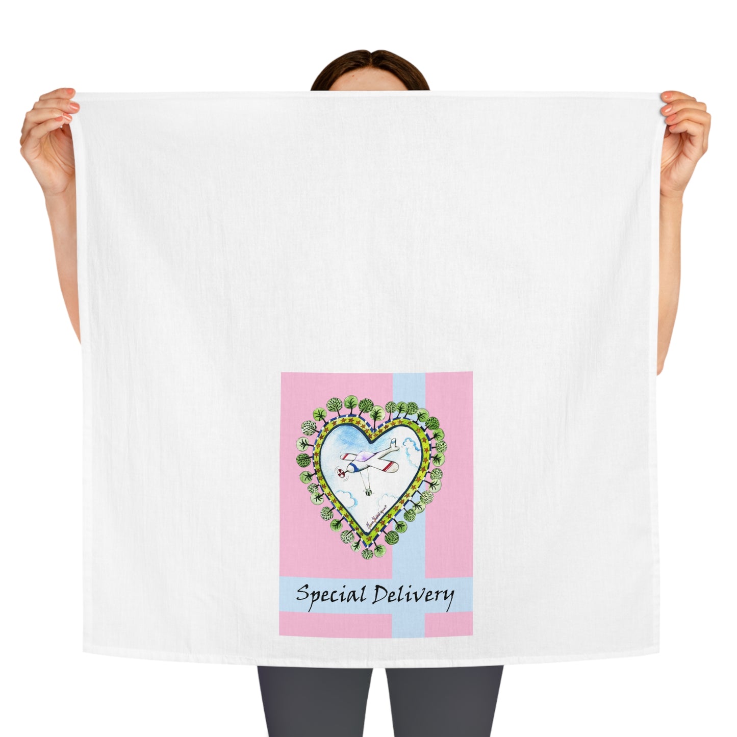 Charming Heart Design Tea Towel - Special Delivery Kitchen Decor by artist Marie Frederique