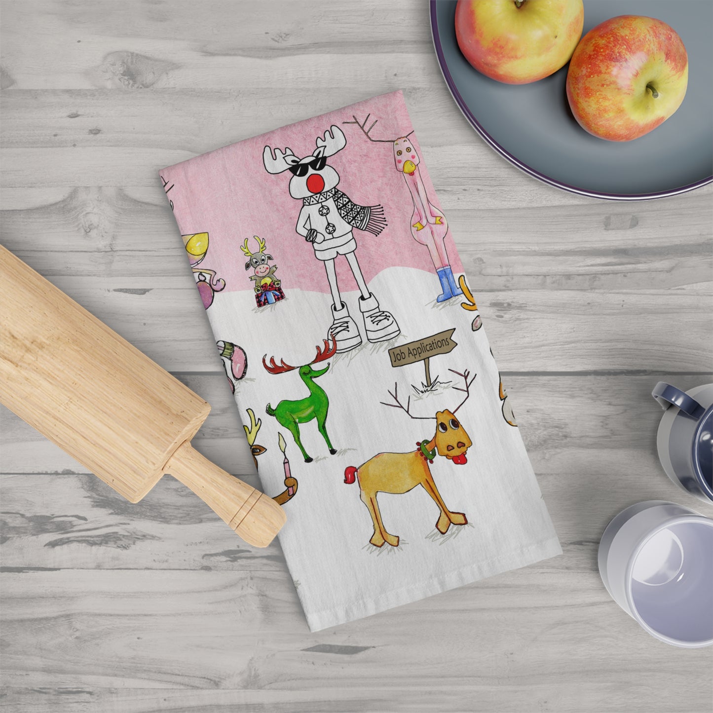 Christmas Reindeer Interview Tea/Kitchen Towel by artist Marie Frederique
