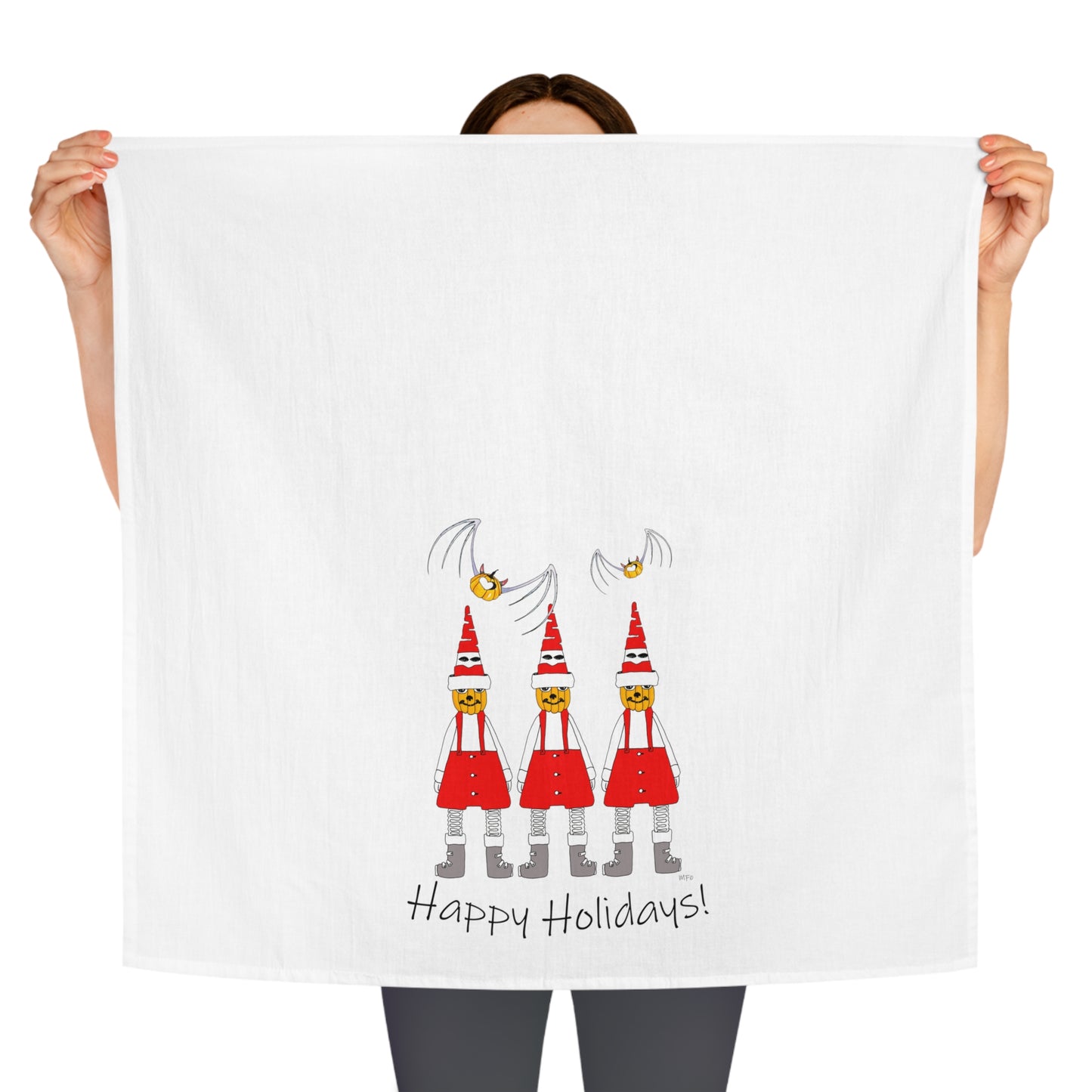 Holiday Tea Towel/Kitchen towel with Pumpkin Santas and Pumpkin Heart Bats by artist Marie Frederique