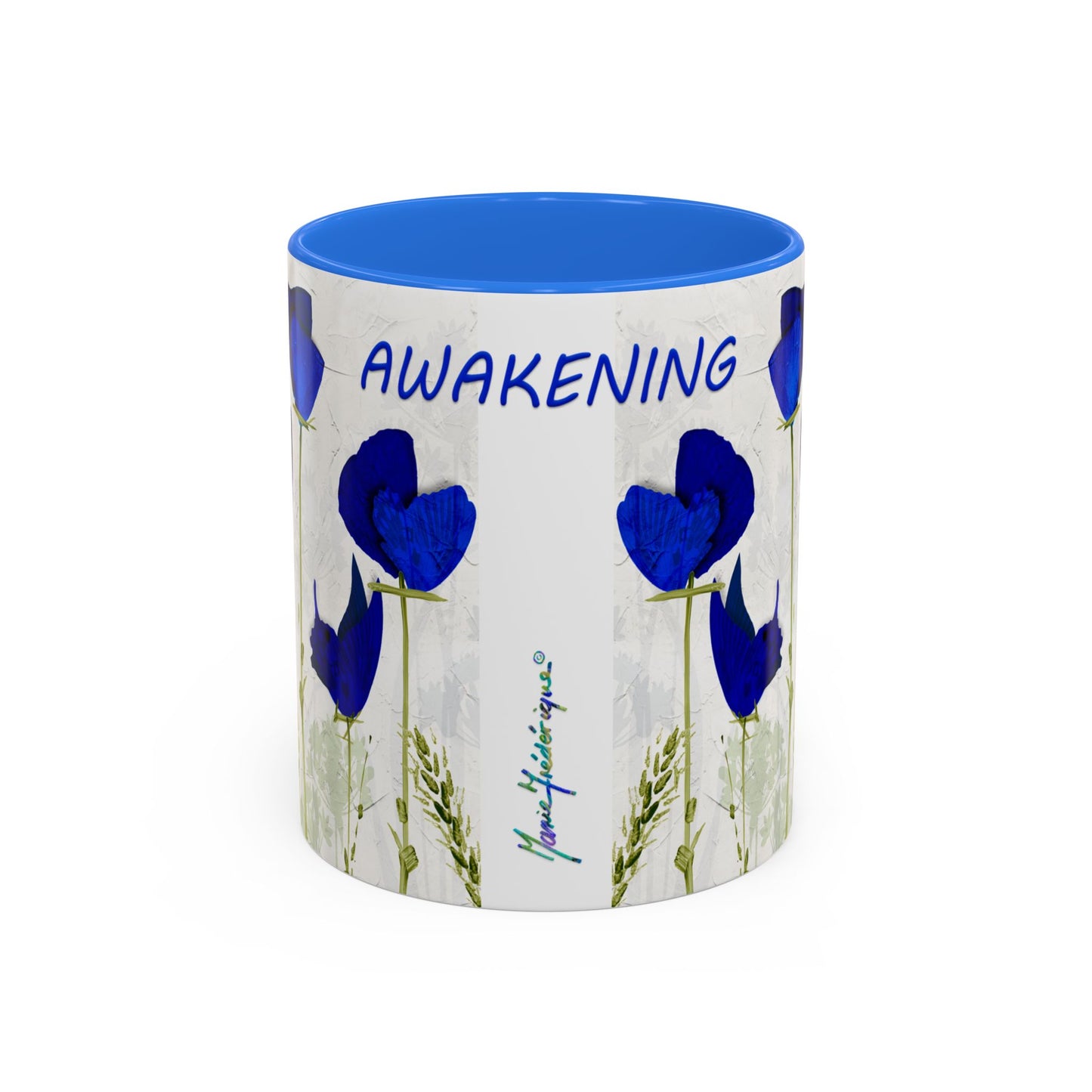 I am awakening, Butterfly flowers in blues. Colorful Mug by Artist Marie Frederique