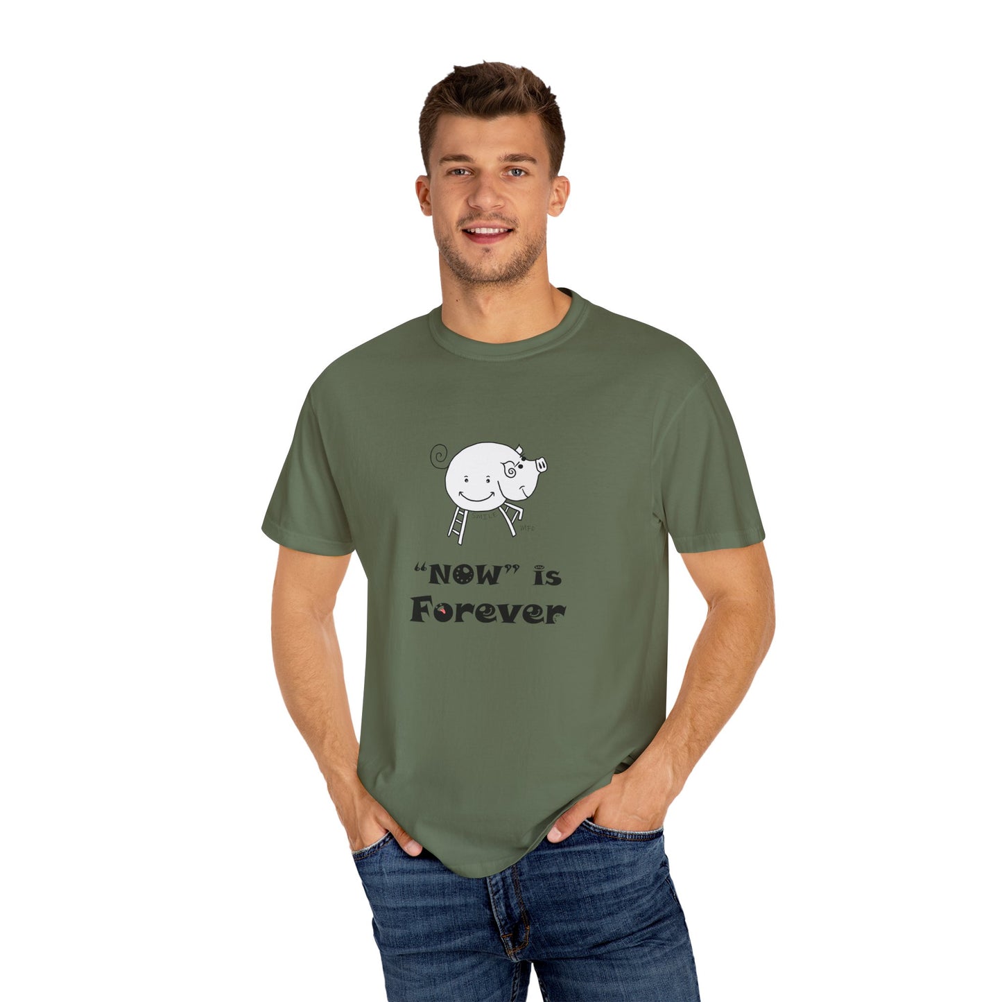 Pig lovers, "NOW" is Forever - Playful Tee for Mindfulness Enthusiasts by artist Marie Frederique