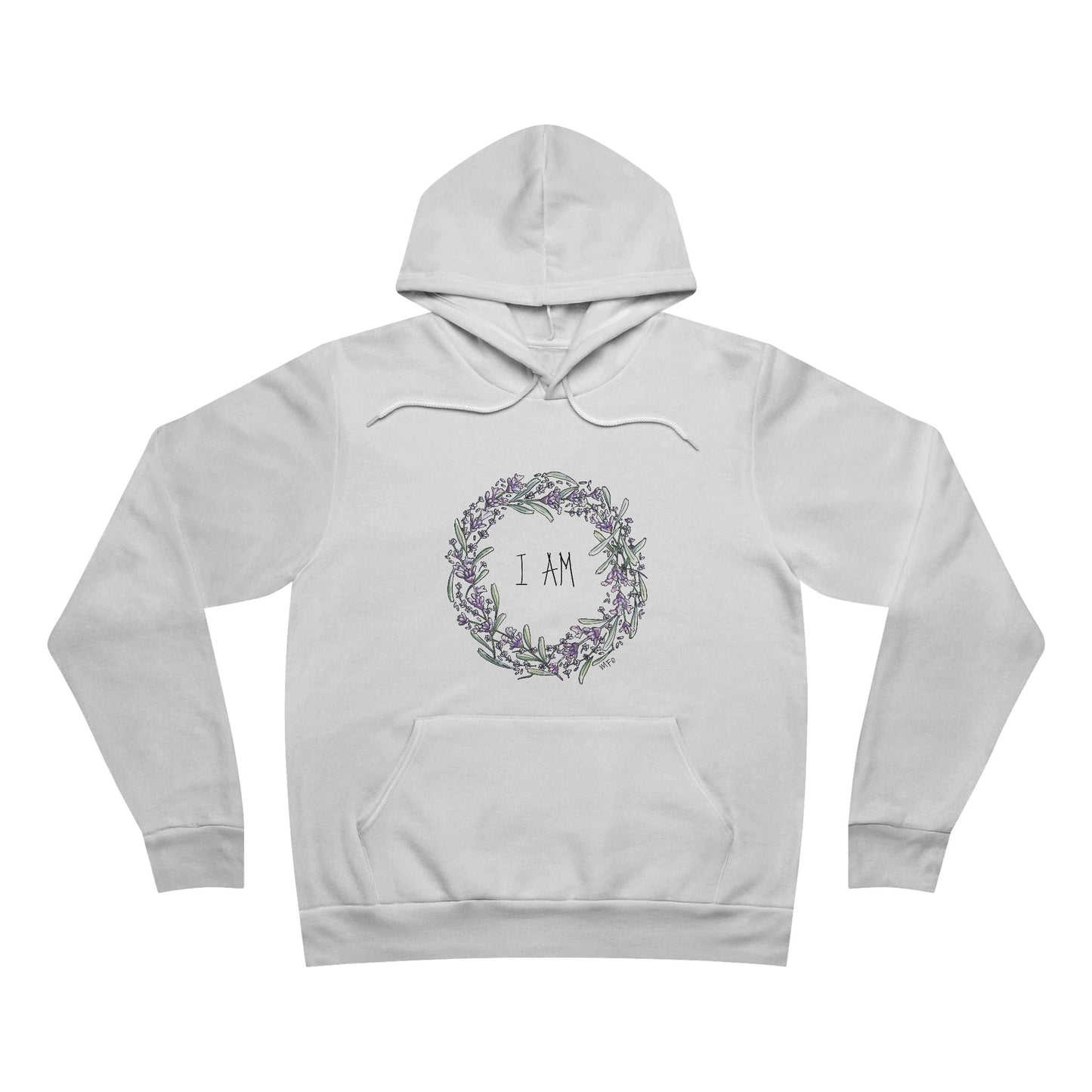 Lavender Wreath with the words "I AM", Unisex Sponge Fleece Pullover Hoodie by artist Marie Frederique