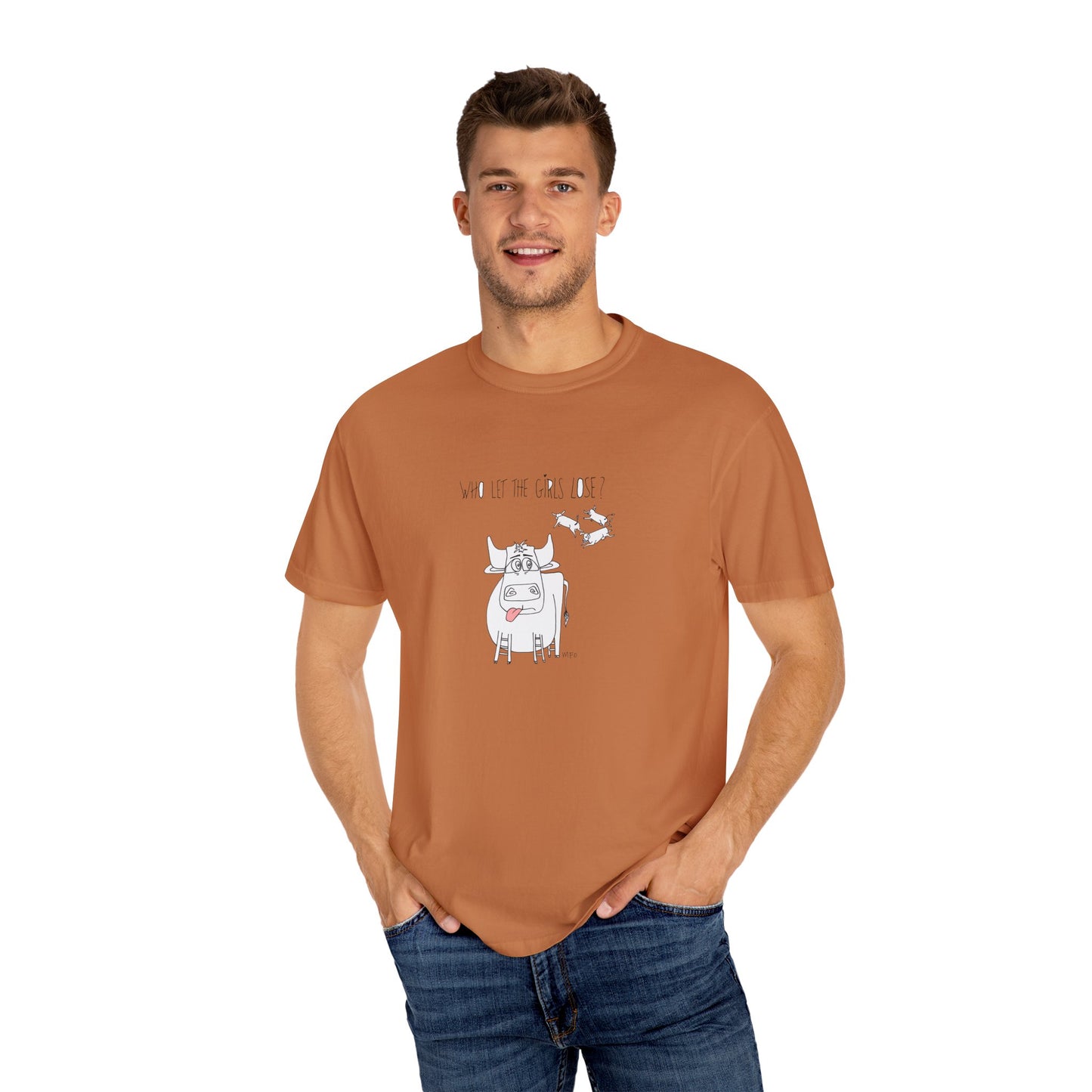 Whimsical Bull T-Shirt "Who let the girls out?" by artist Marie Frederique